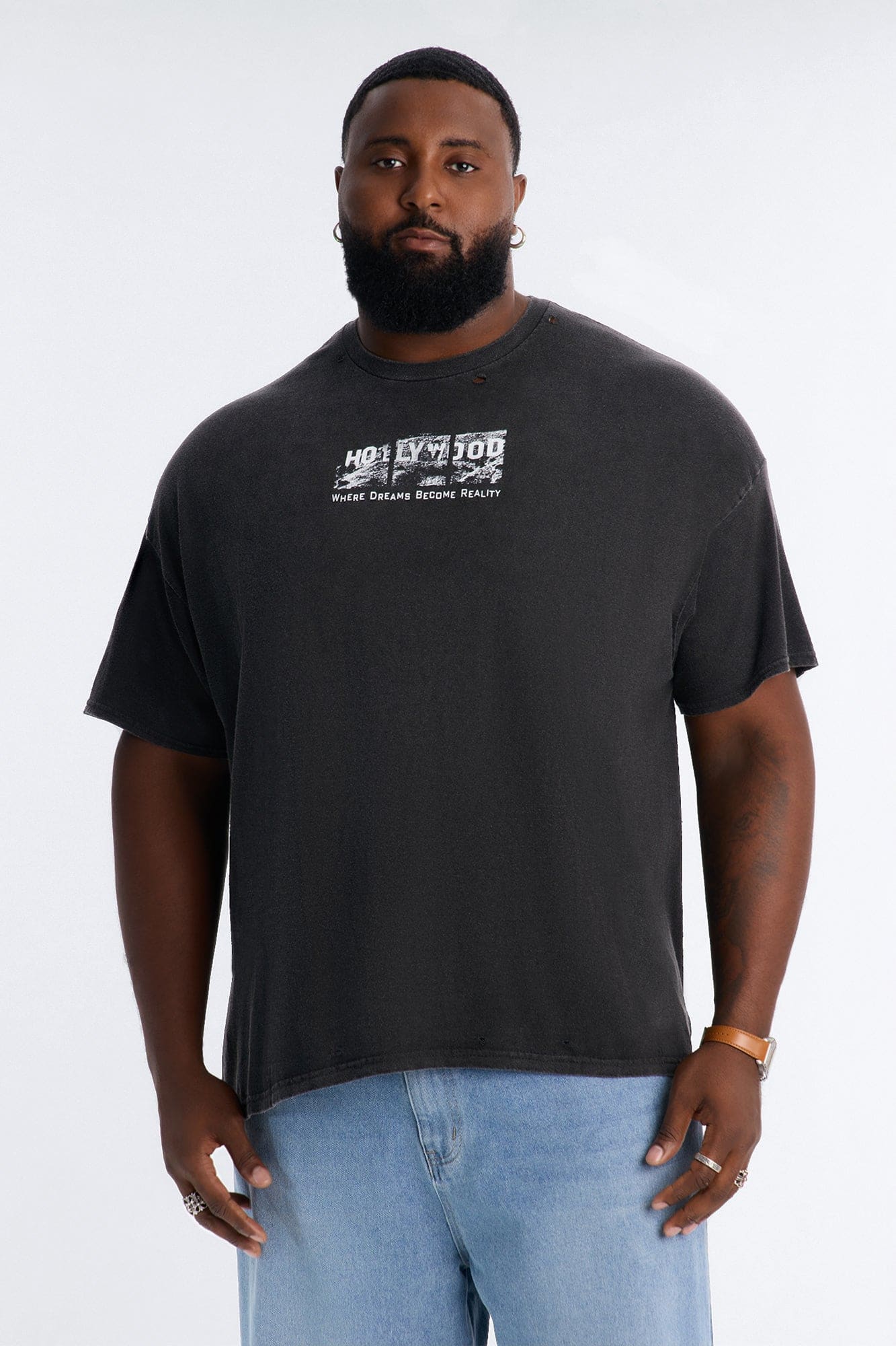Hollywood Star Hills Distressed Vintage Oversized Short Sleeve Tee - Black