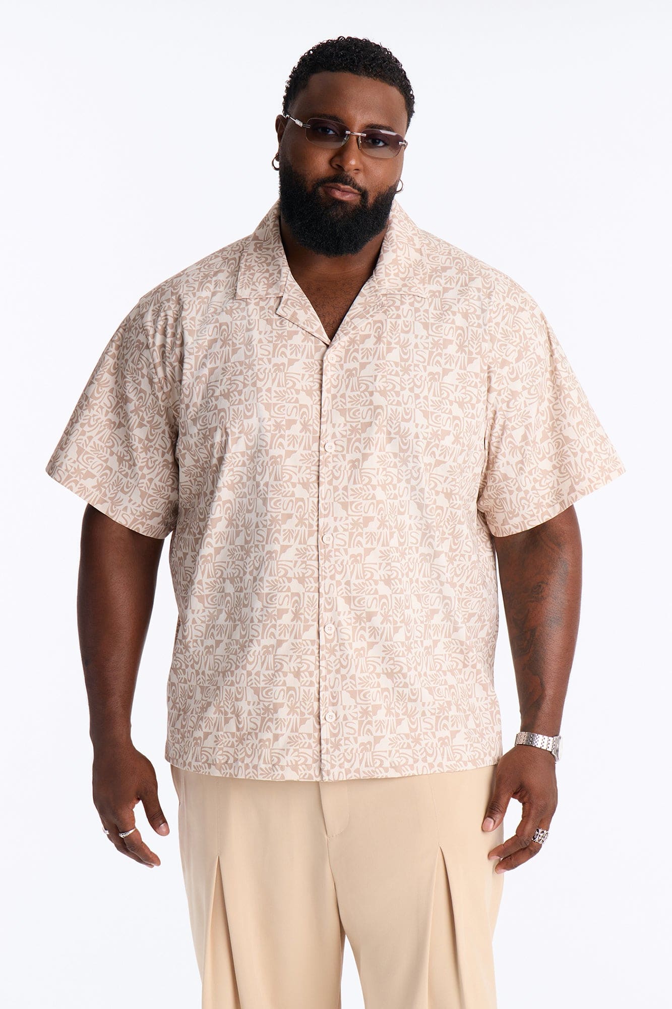 Relaxed Capri Checkered Cuban Collar Button Up Shirt - Taupe