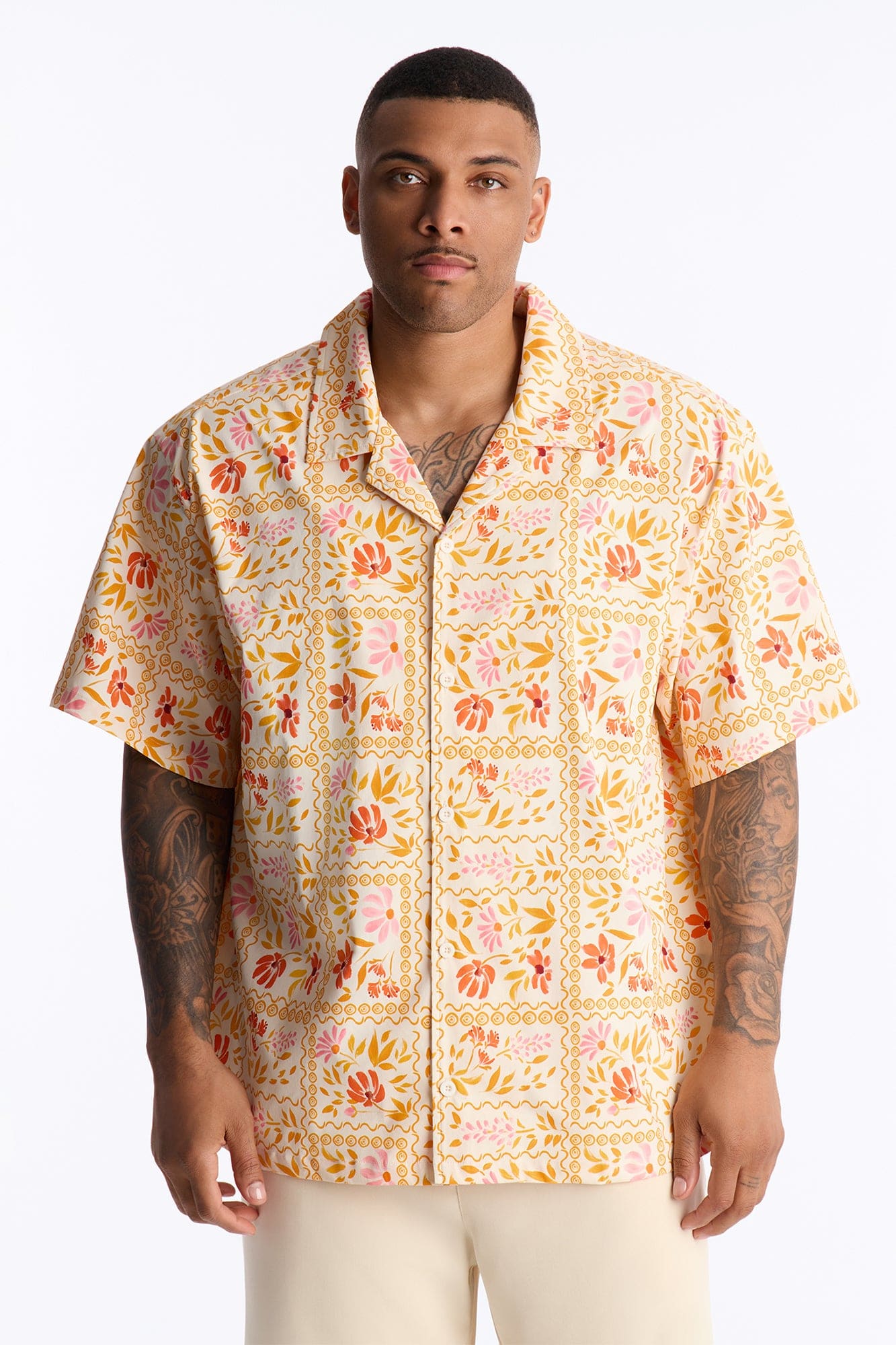 Relaxed Gardenia Cuban Collar Button Up Shirt - Orange/combo
