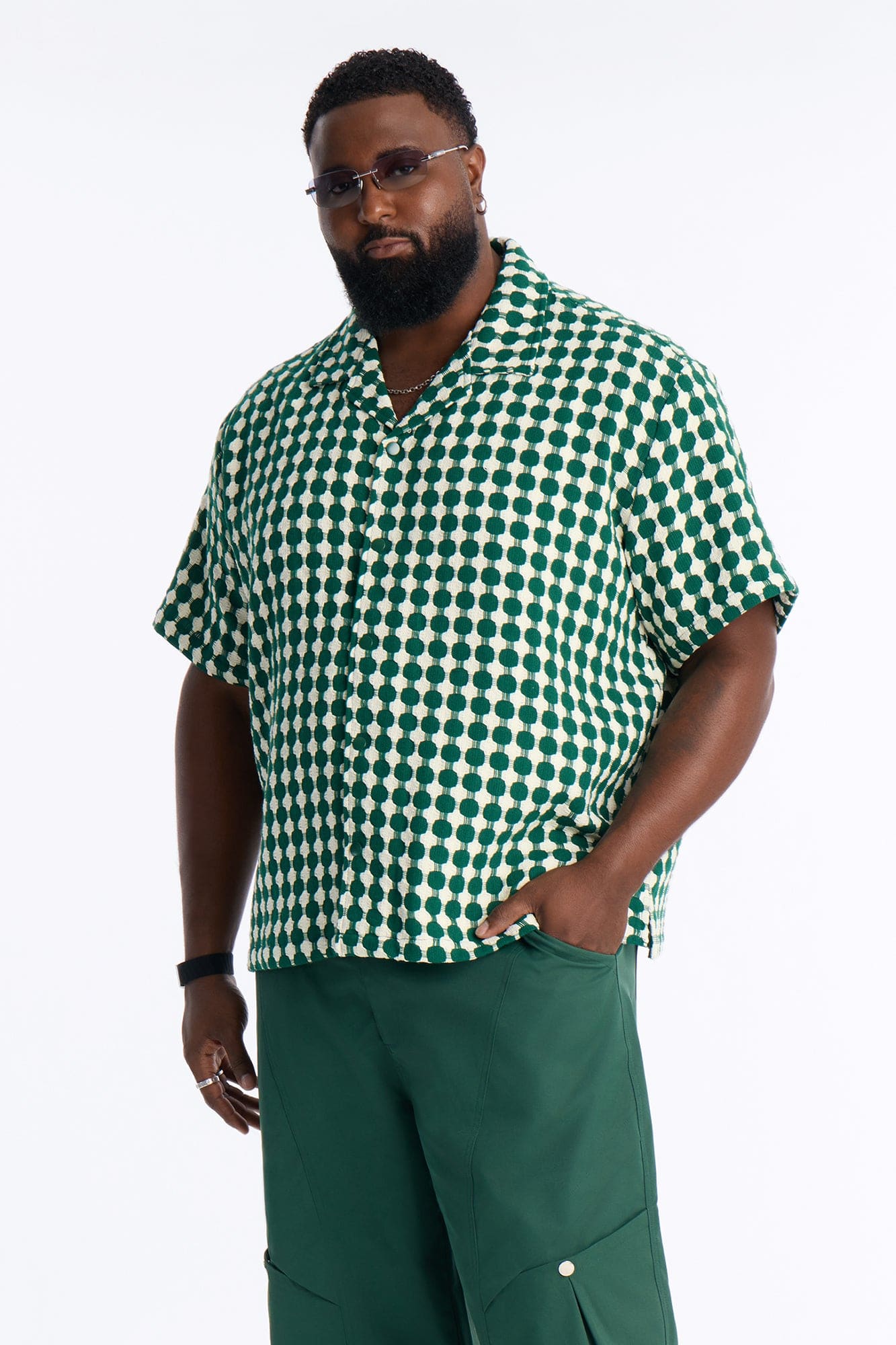Relaxed Weaved Jacquard Cuban Collar Button Up Shirt - Green/combo