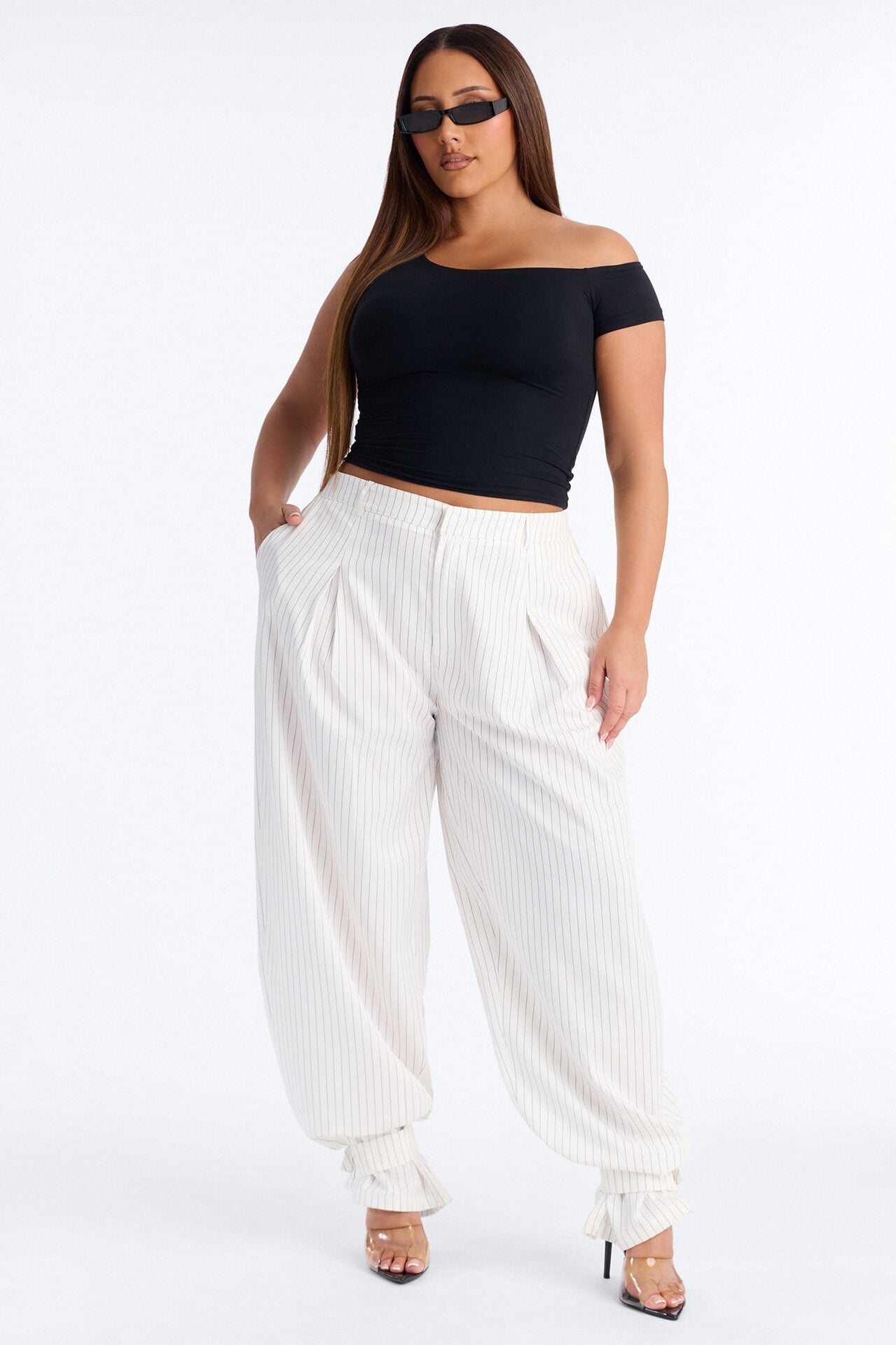 Never Settle Pinstripe Adjustable Cuff Trouser Pants 33″ - Ivory image 1