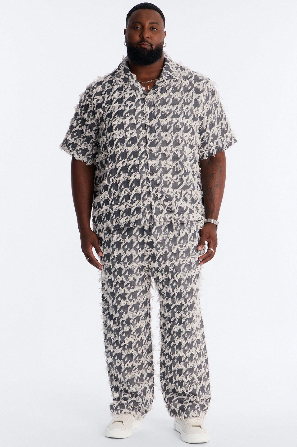 Relaxed Houndstooth Nomad Cuban Collar Button Up Shirt - Grey image 1