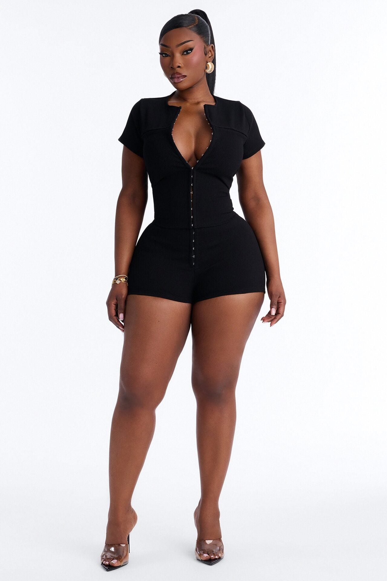 Kami Snatched Short Sleeve 2 Piece Micro Mini Short Set - Black image 1