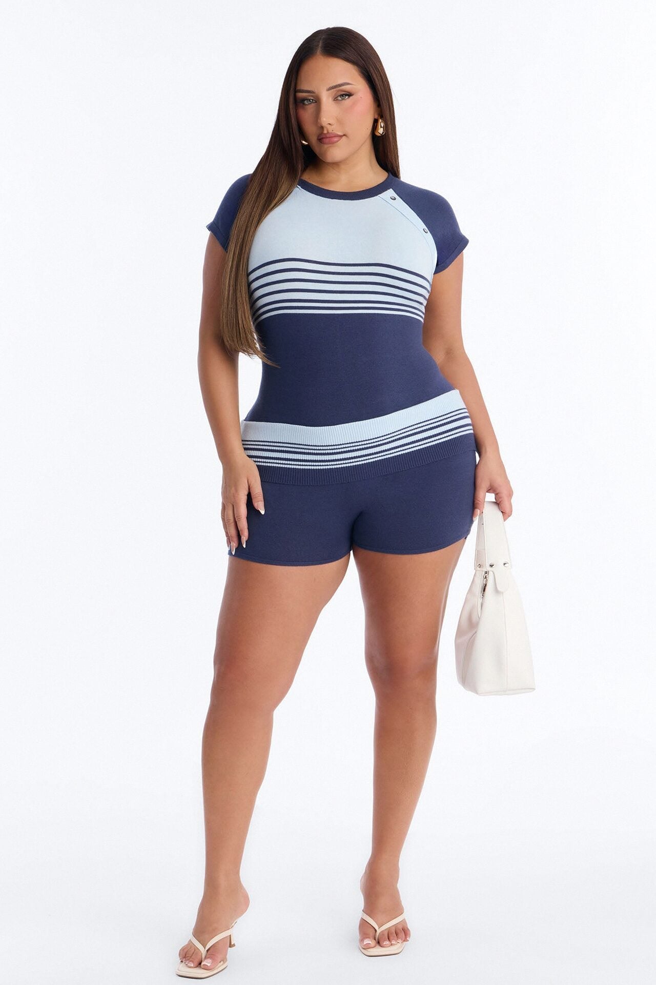 Elle Short Sleeve Striped Romper - Blue image 1