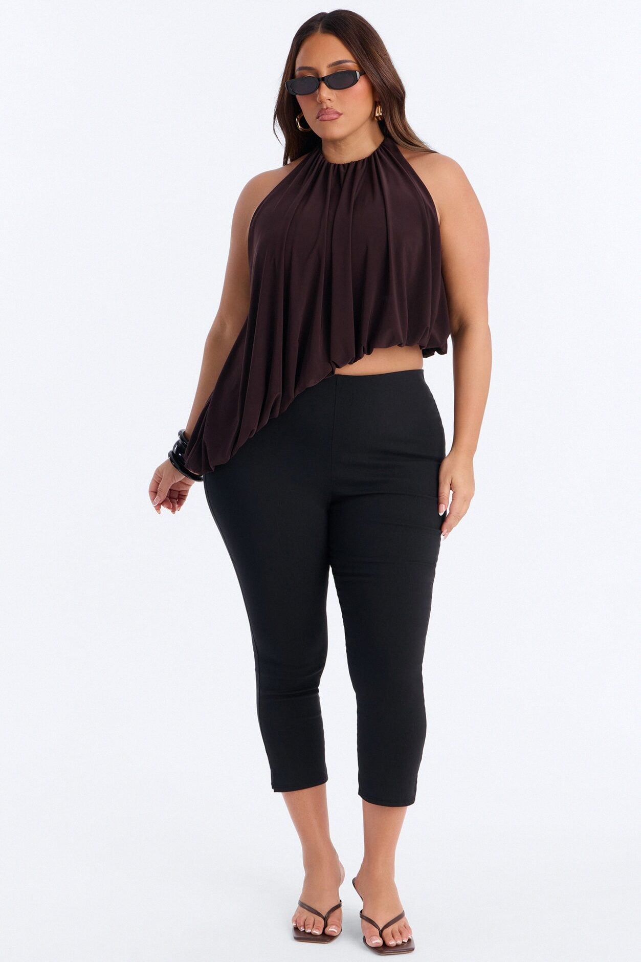Selena Ruched Asymmetrical Halter Top - Brown image 1
