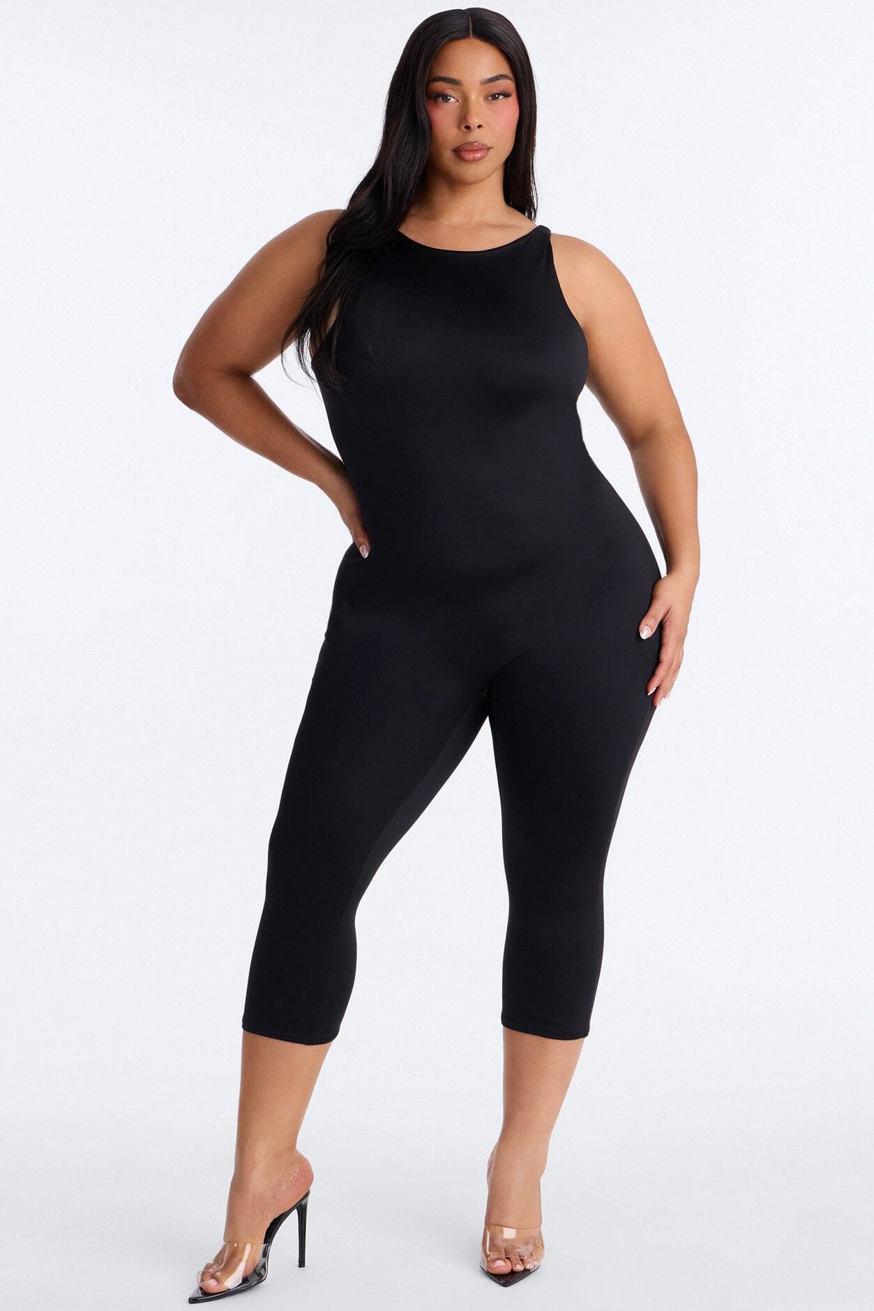Contour Double Lined Low Back Capri Jumpsuit - Black image 1