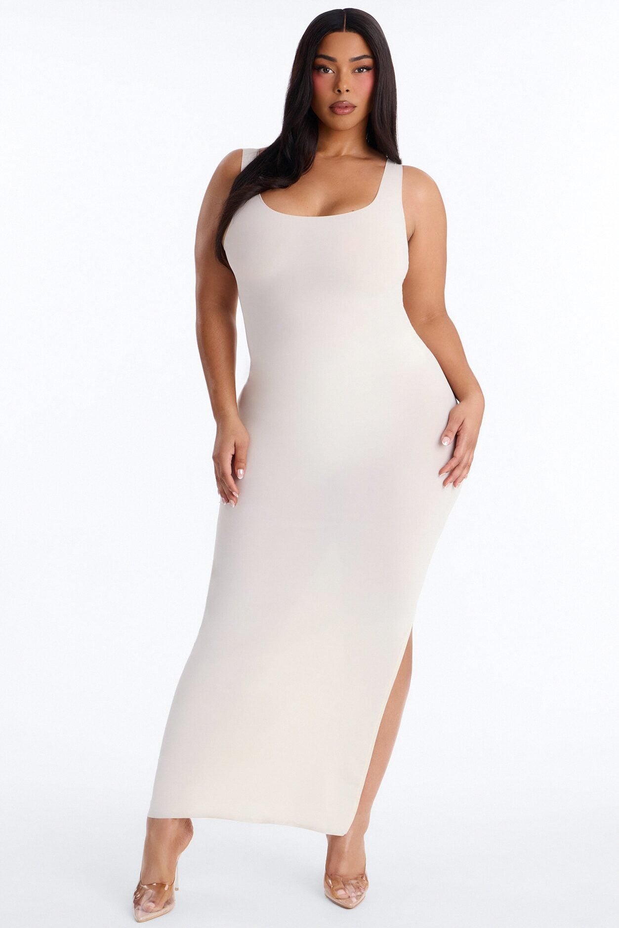 Power Mesh Low Scoop Back Sleeveless Maxi Dress - Bone image 1
