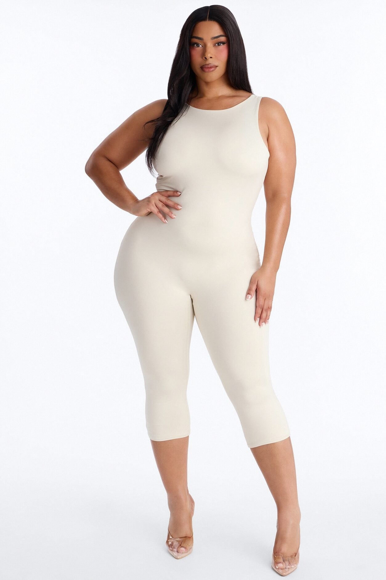 Contour Double Lined Low Back Capri Jumpsuit - Bone image 1