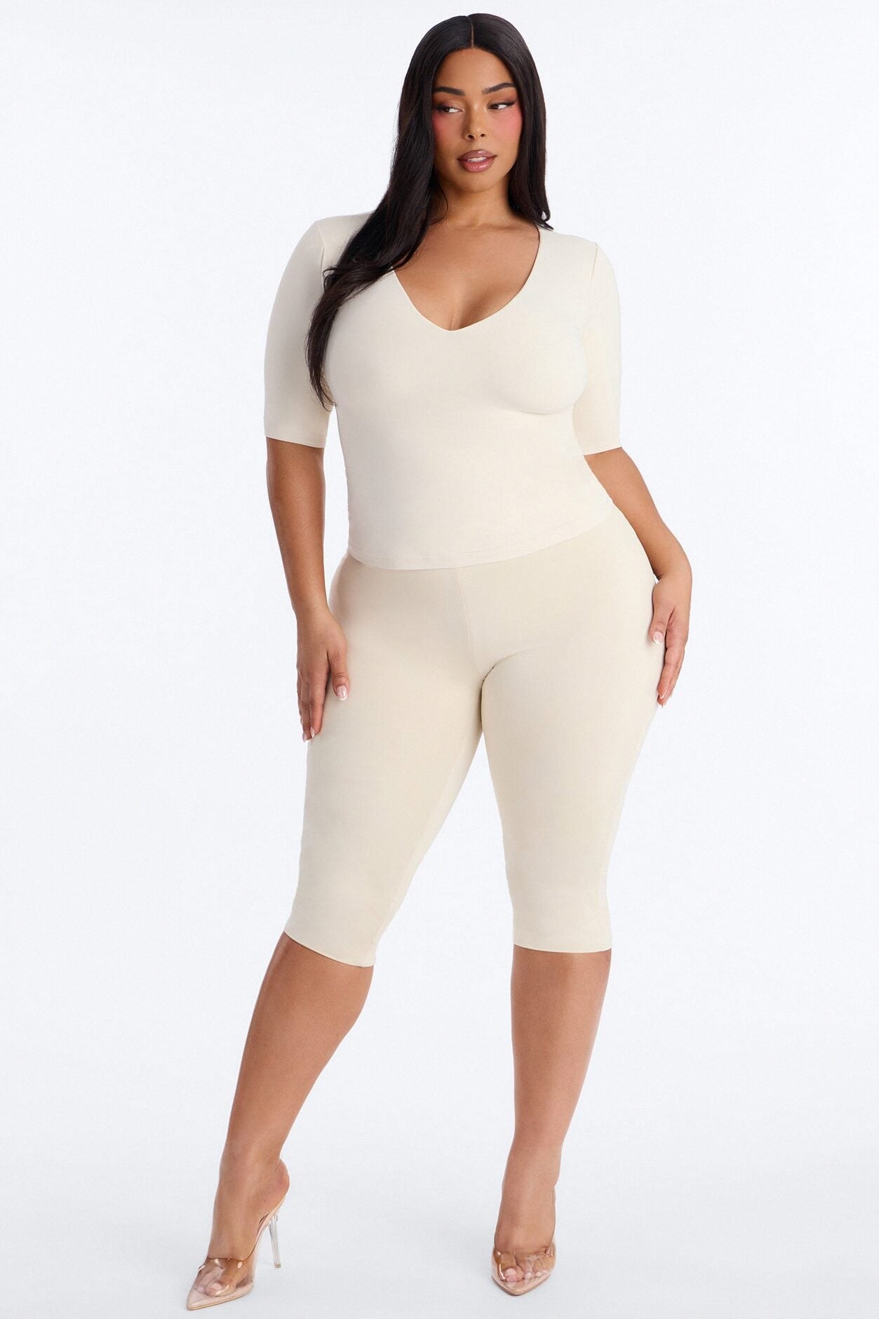Second Skin Deep U Neck Elbow Sleeve Top - Bone image 1