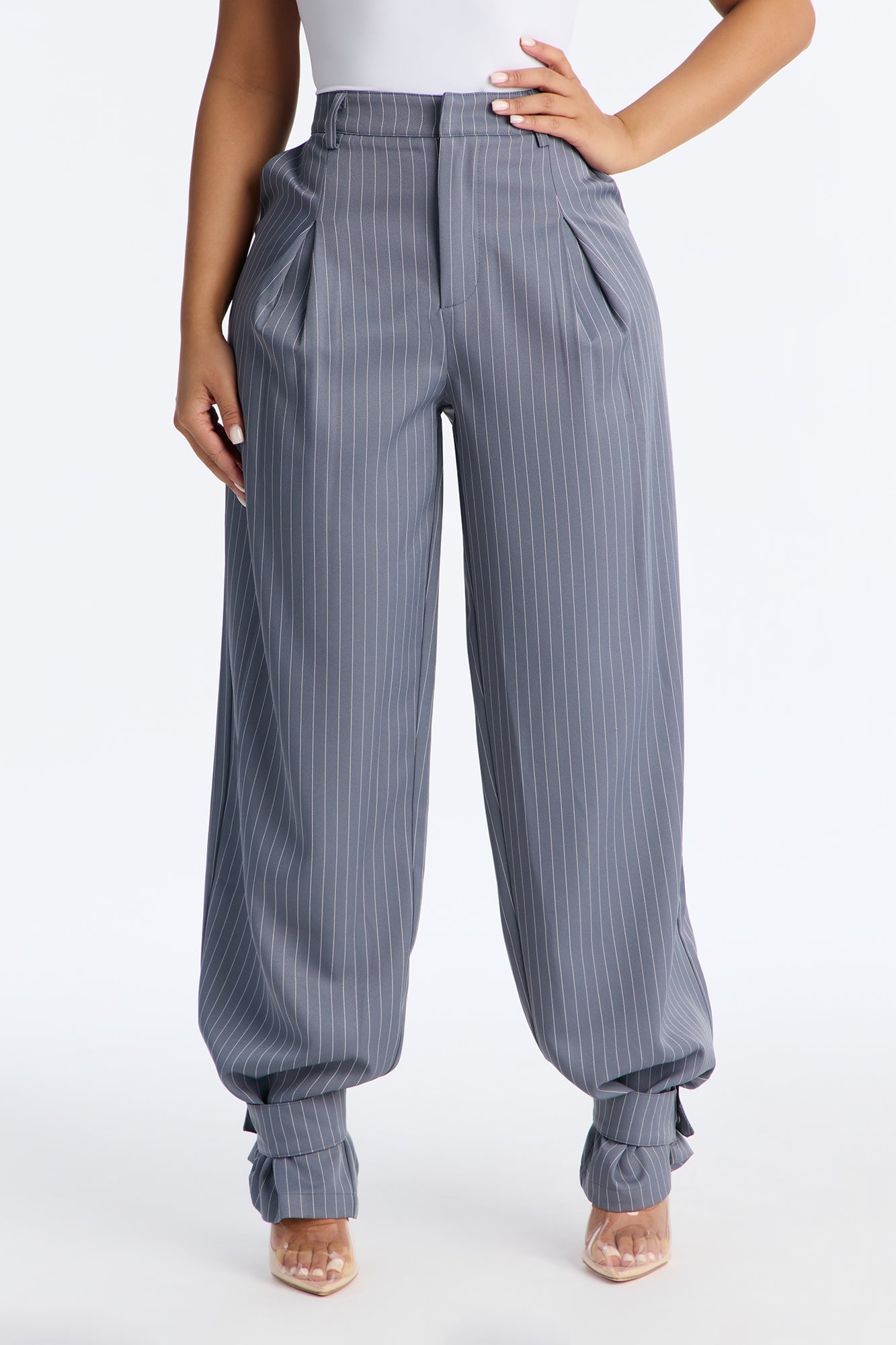 Never Settle Pinstripe Adjustable Cuff Trouser Pants 33″ - Grey image 6