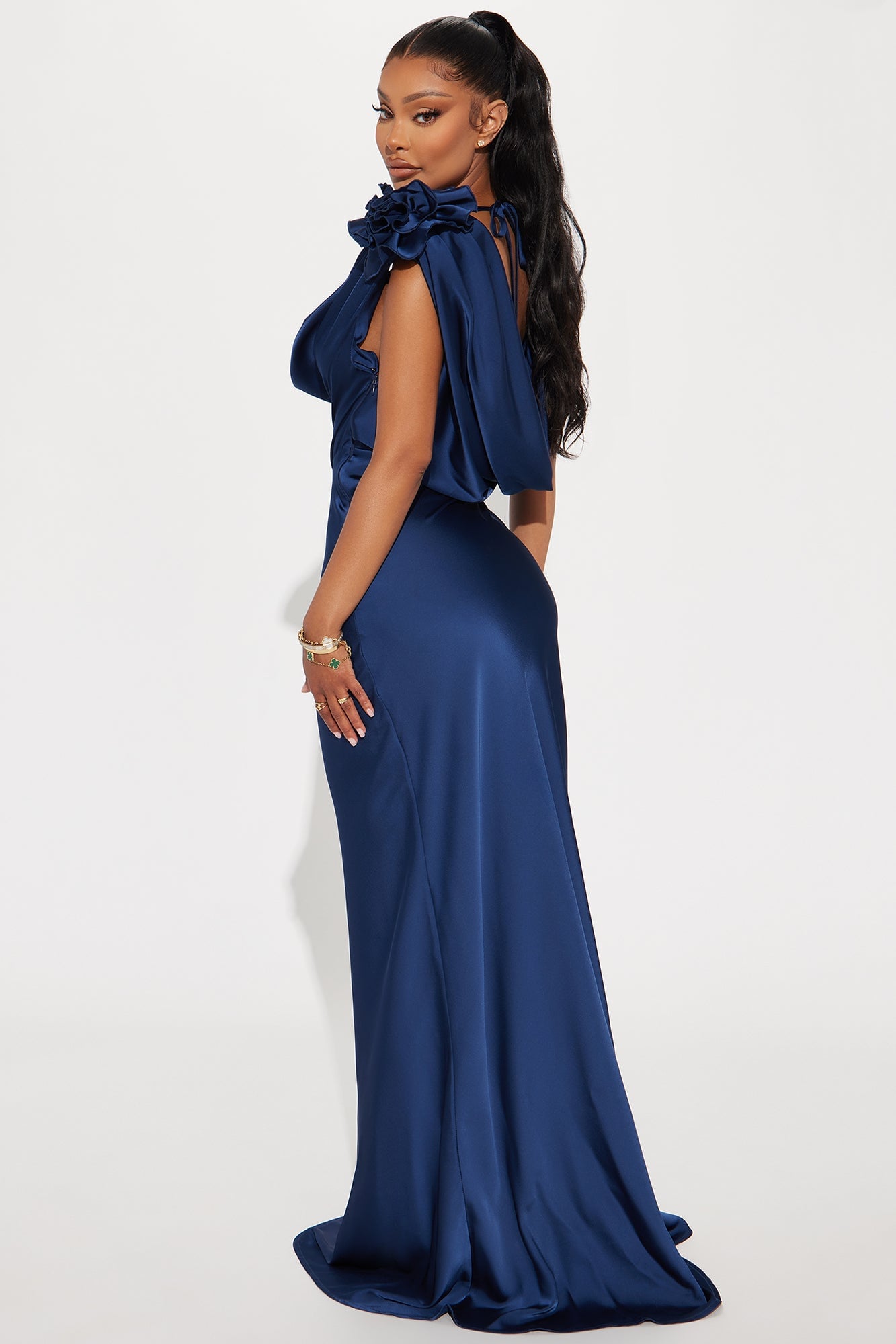 Positano Cowl Neck Satin Maxi Dress - Navy image 7