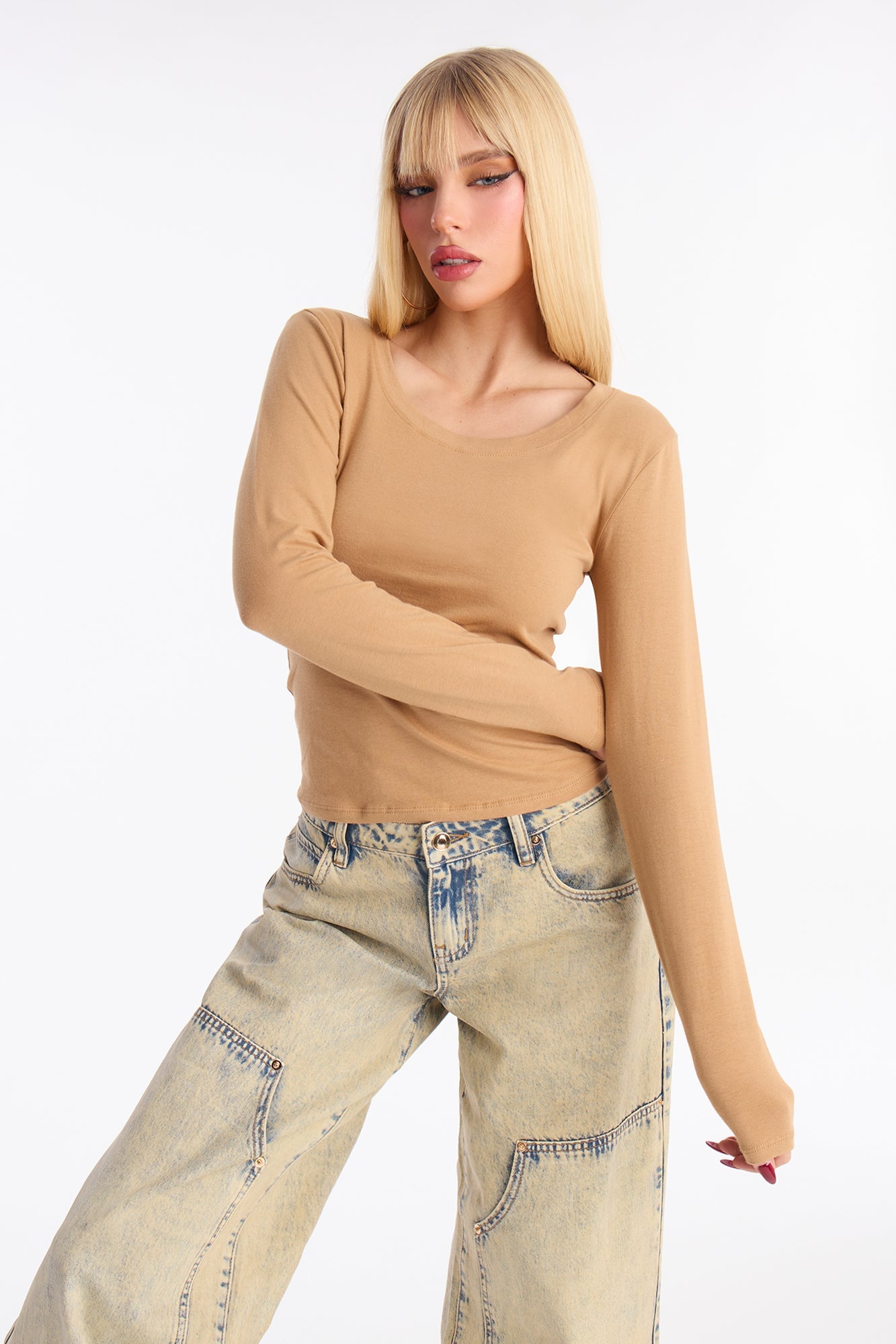 Elise Round Neck Long Sleeve Top - Camel image 1