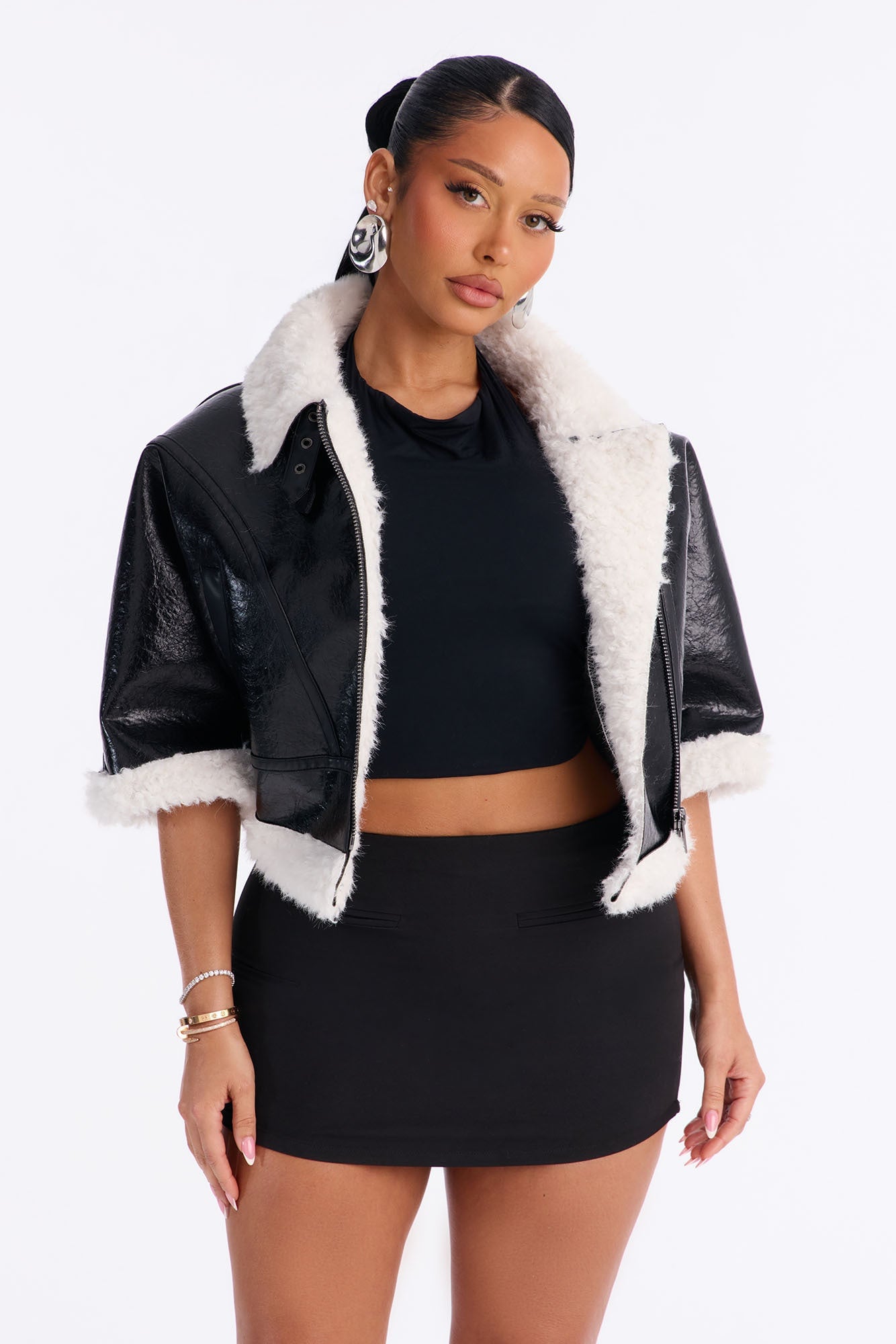 She's Sassy Short Sleeve Faux Leather Cropped Moto Jacket - Black image 3