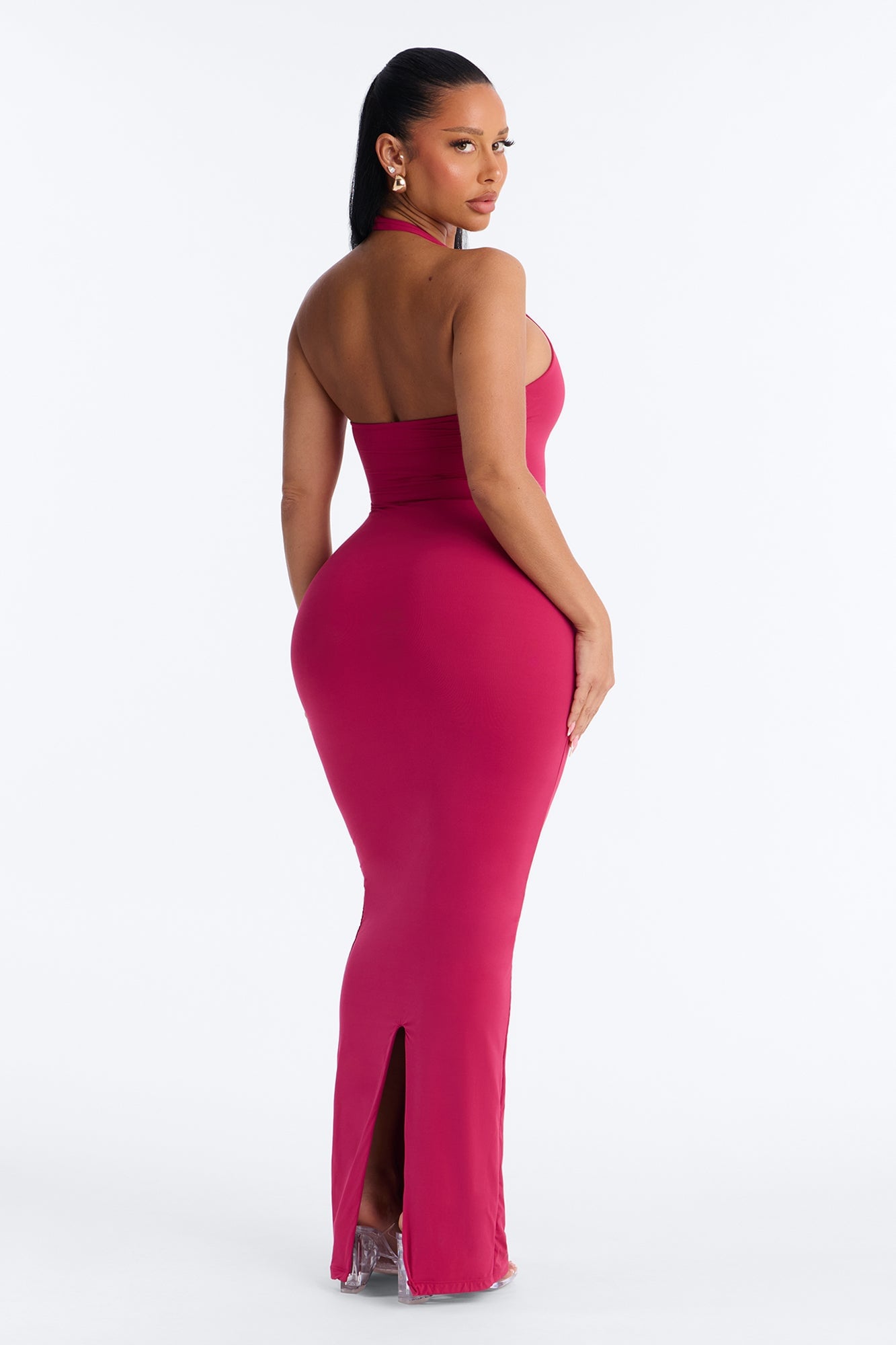 Second Skin Bra Pad Sleeveless Halter Maxi Dress - Raspberry image 4