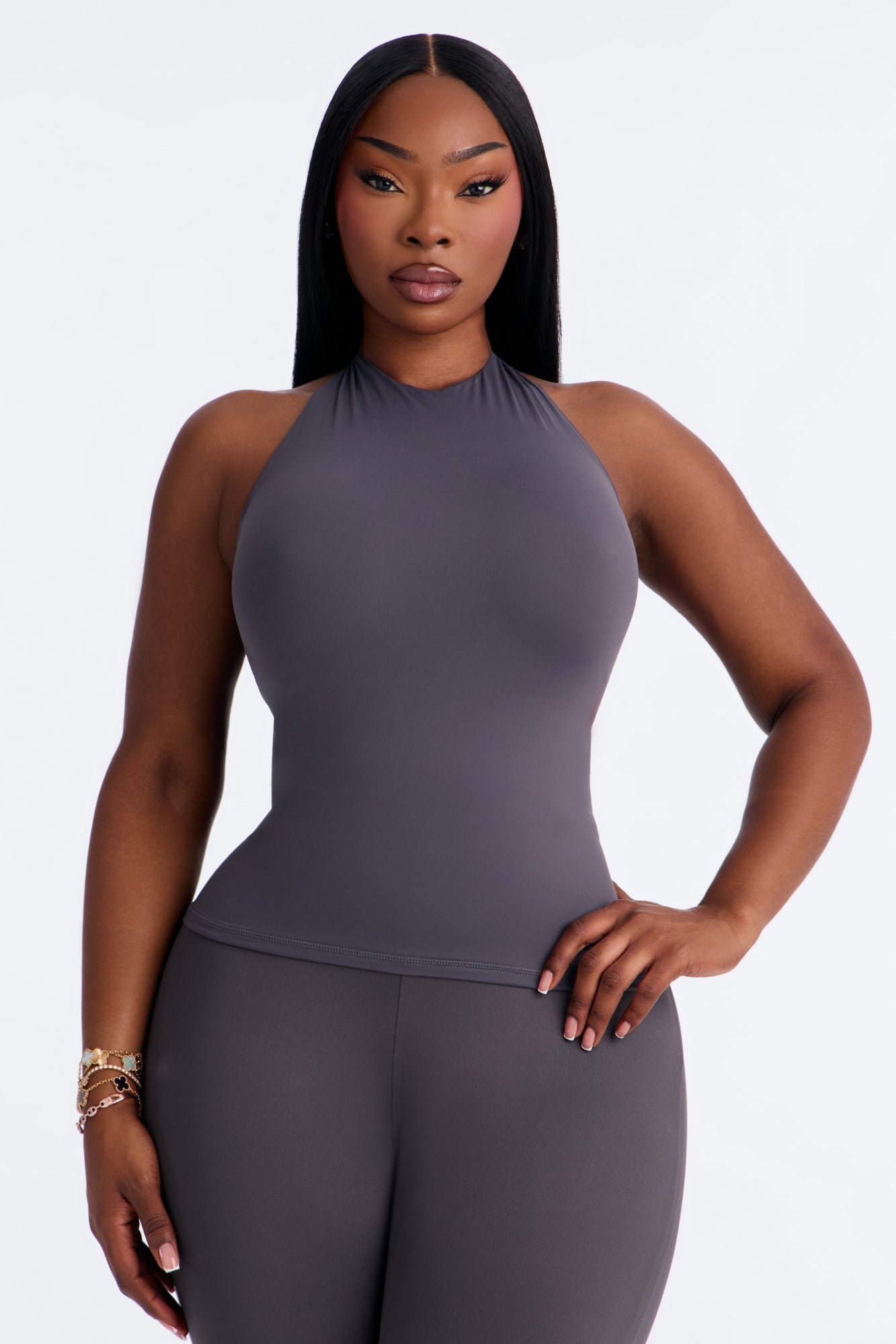 Second Skin Bra Pad Sleeveless Halter Top - Charcoal image 1