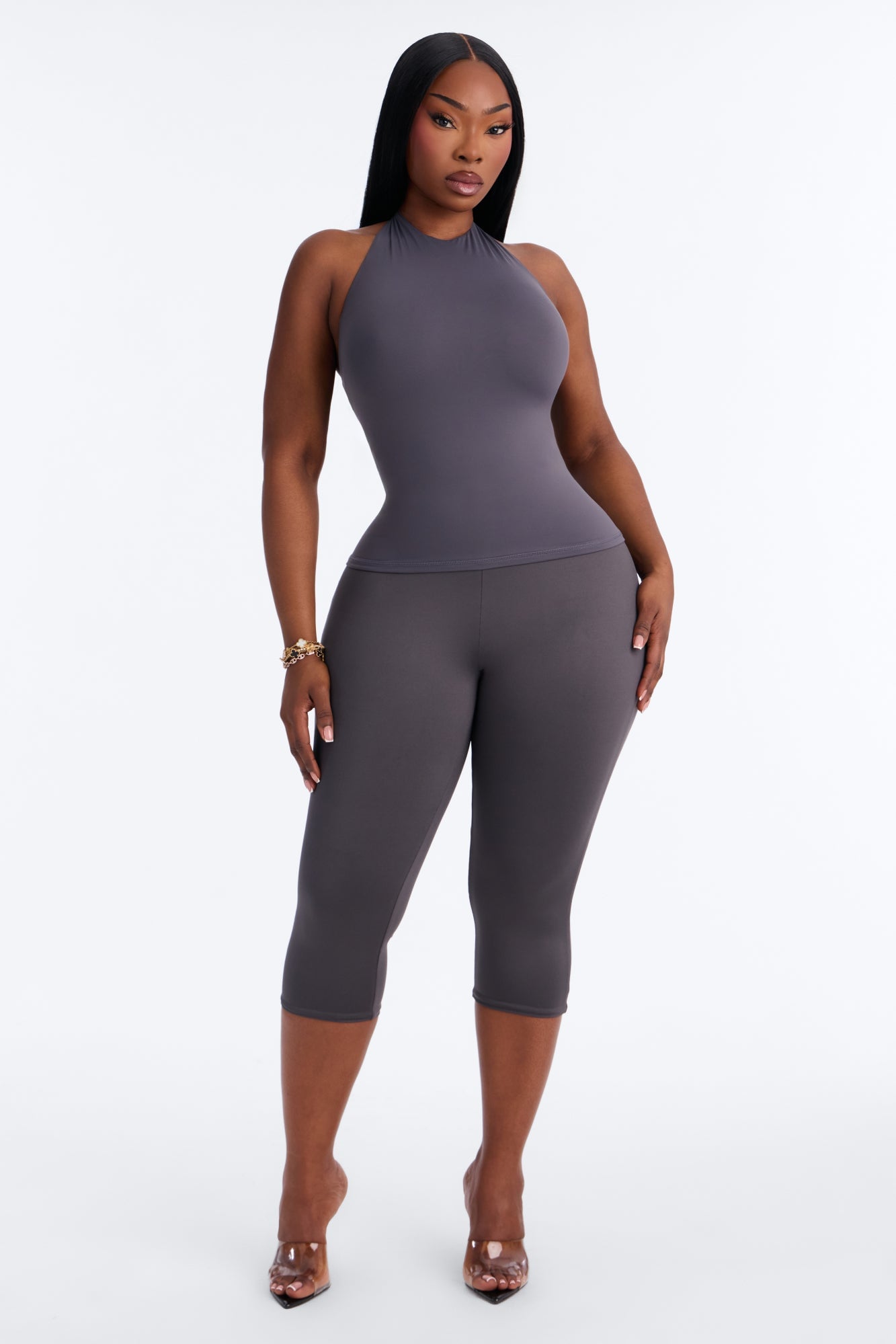 Second Skin Bra Pad Sleeveless Halter Top - Charcoal image 2