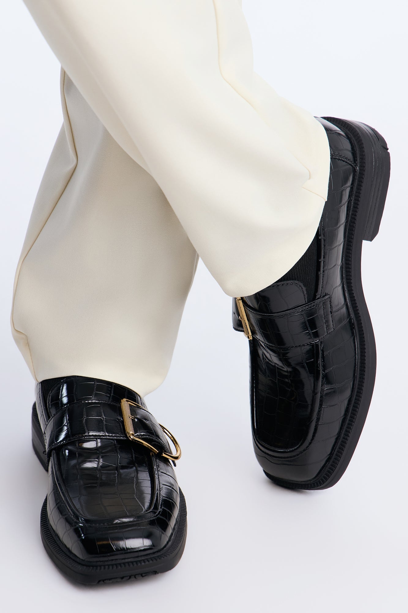 Buckled Croc Faux Leather Slip On Loafer - Black image 2