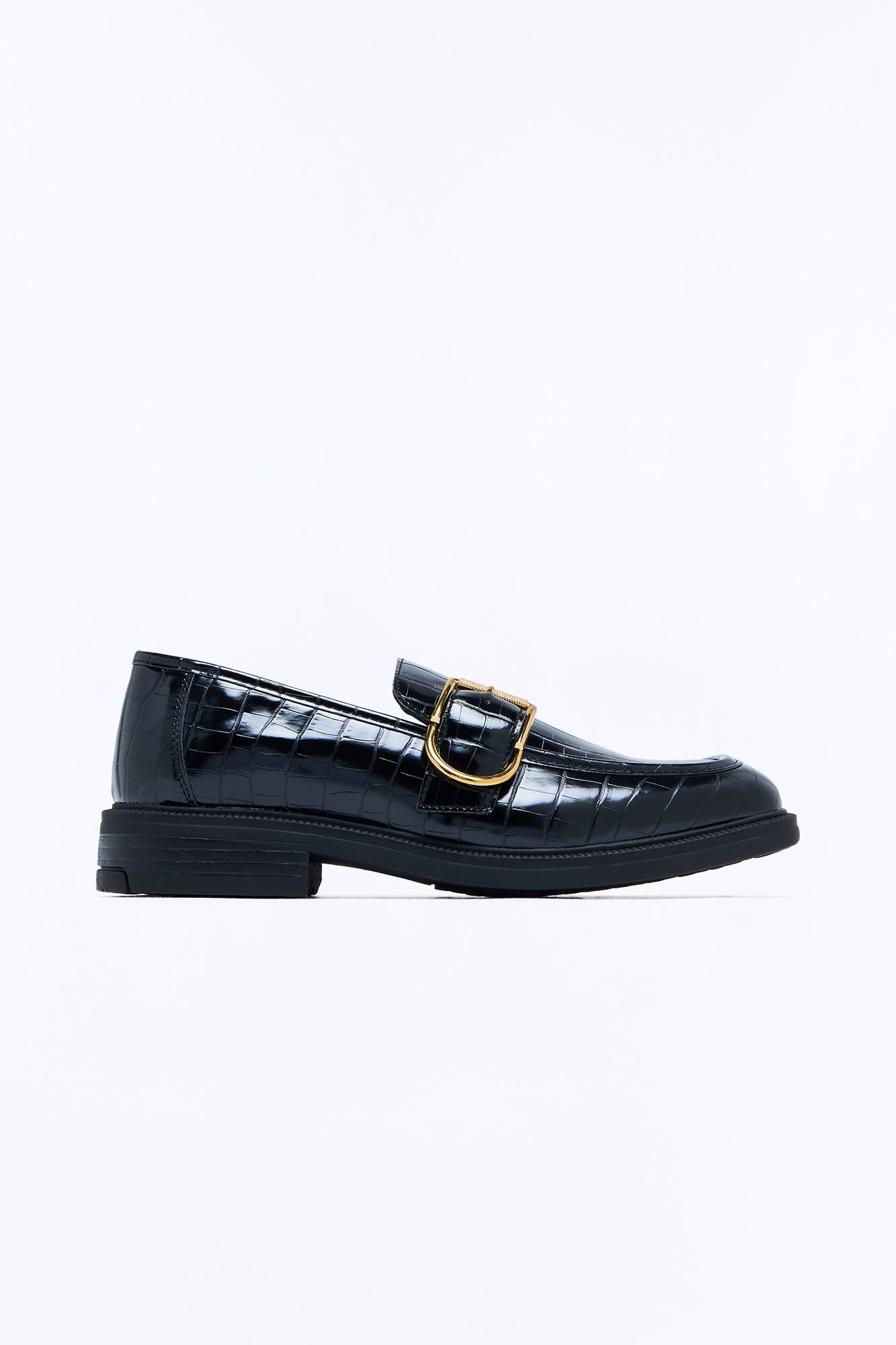 Buckled Croc Faux Leather Slip On Loafer - Black image 3