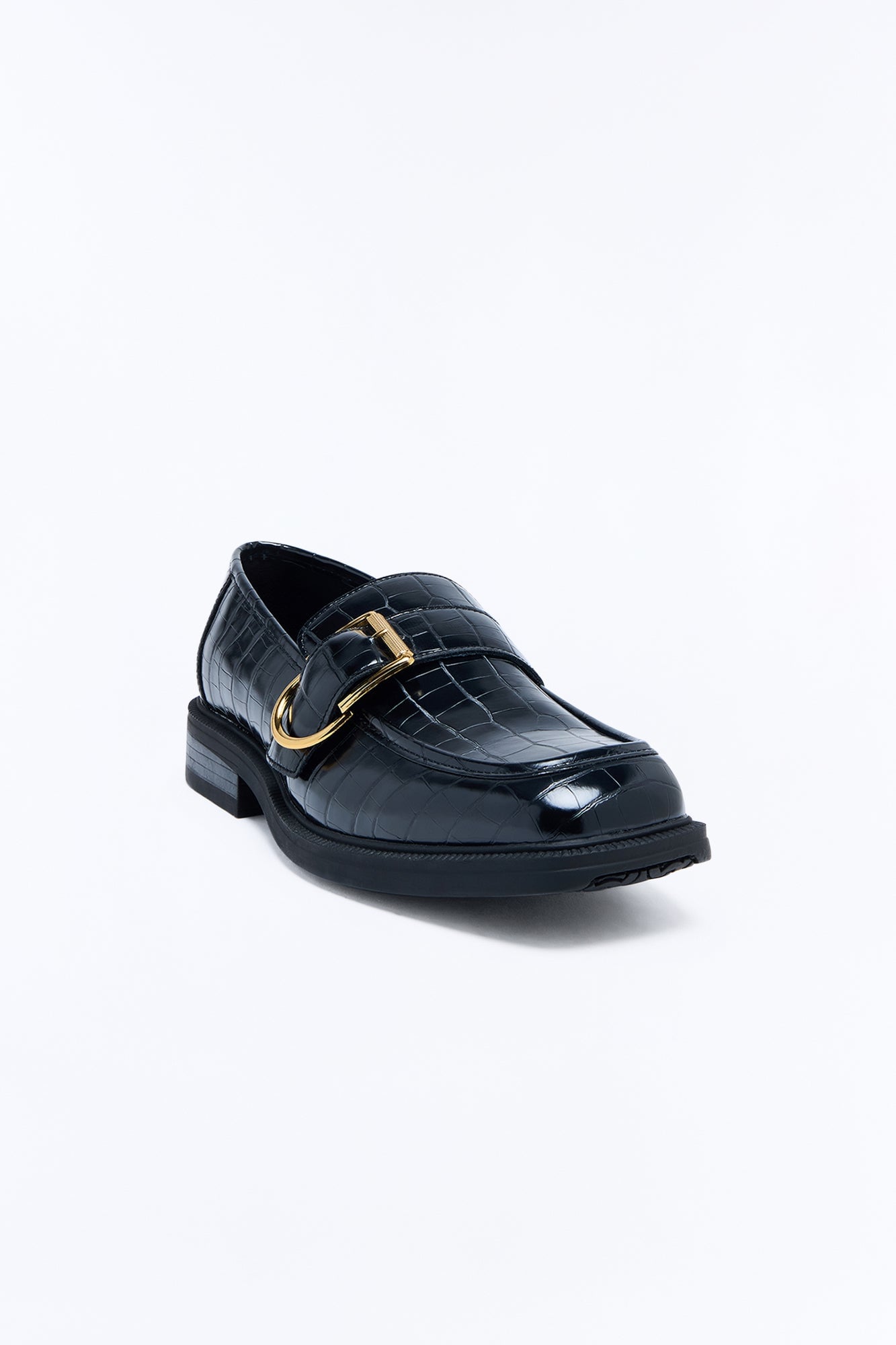Buckled Croc Faux Leather Slip On Loafer - Black image 4
