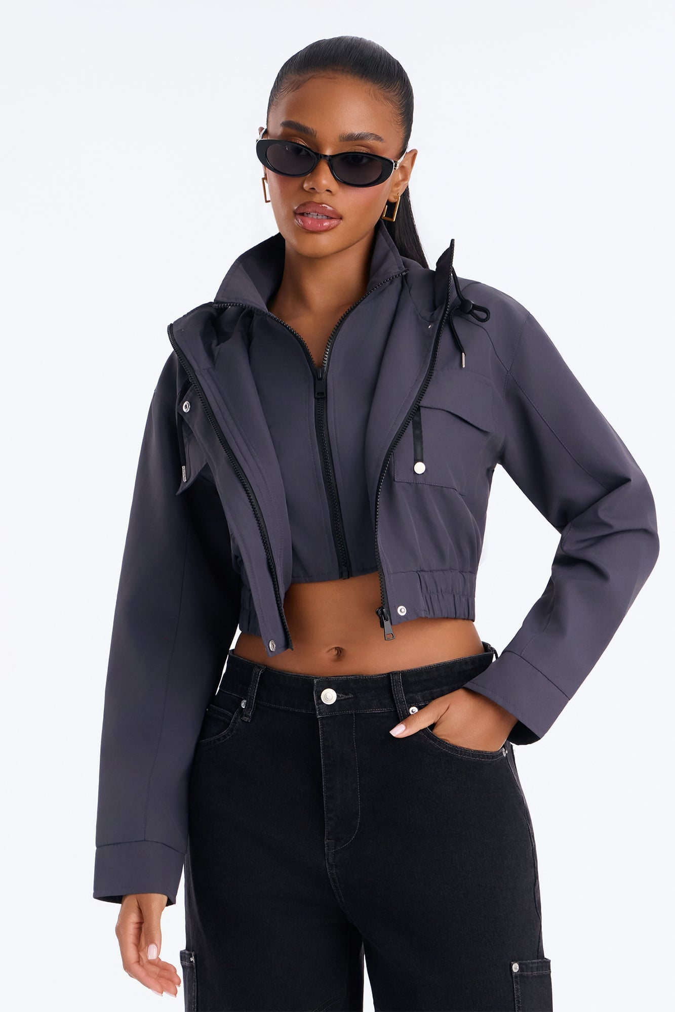 Kelsie Hooded Cropped Jacket - Charcoal image 5