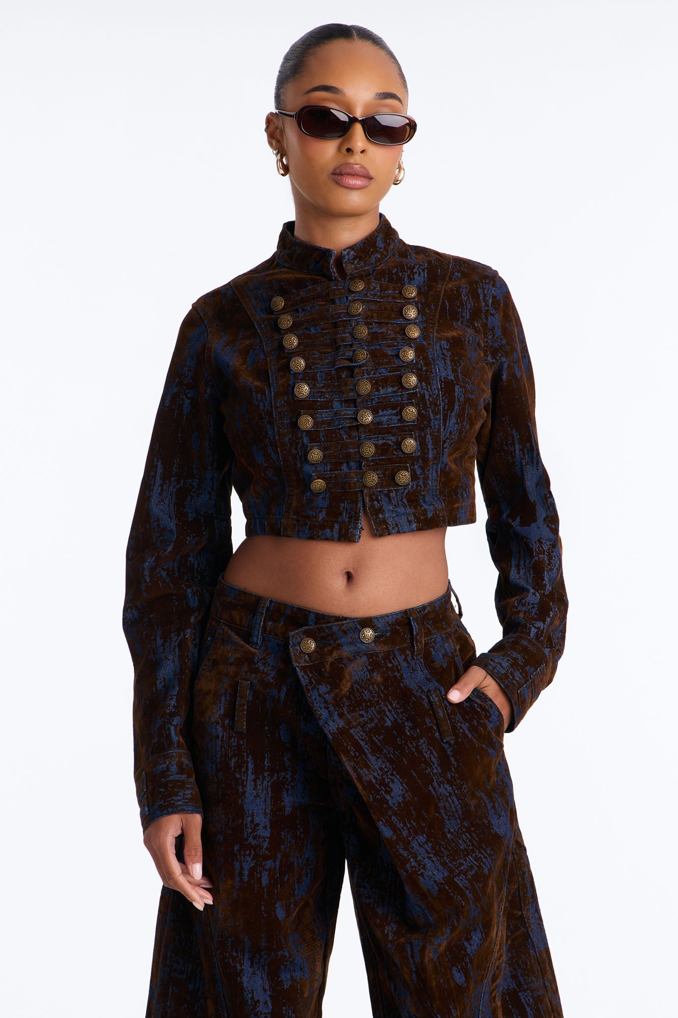Royal Decree Flocked Denim Blazer Jacket - Brown Combo image 2
