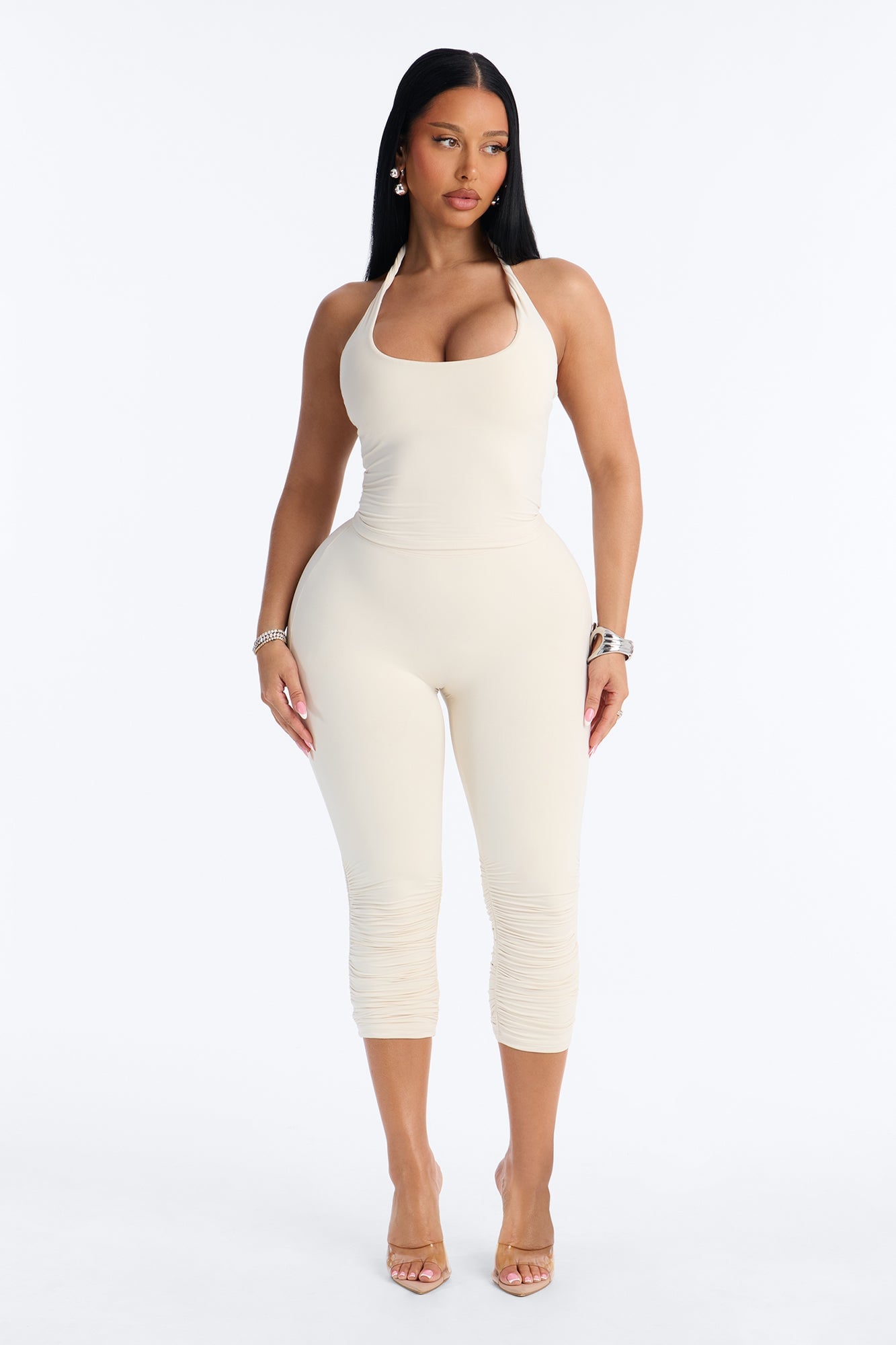 Second Skin Double Lined Ruched Low Rise Capri Legging - Bone image 5