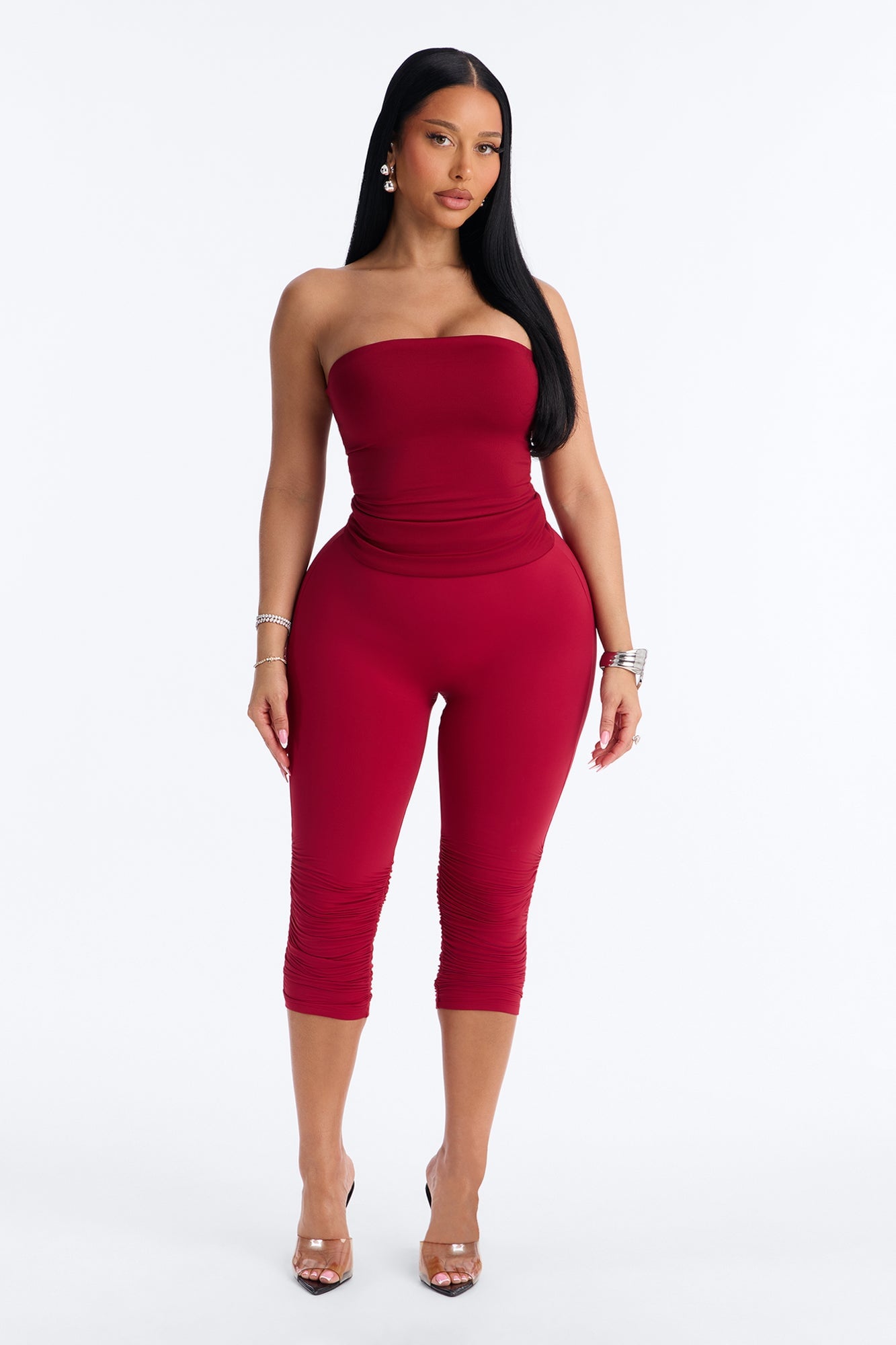 Second Skin Double Lined Ruched Low Rise Capri Legging - DarkRed image 5