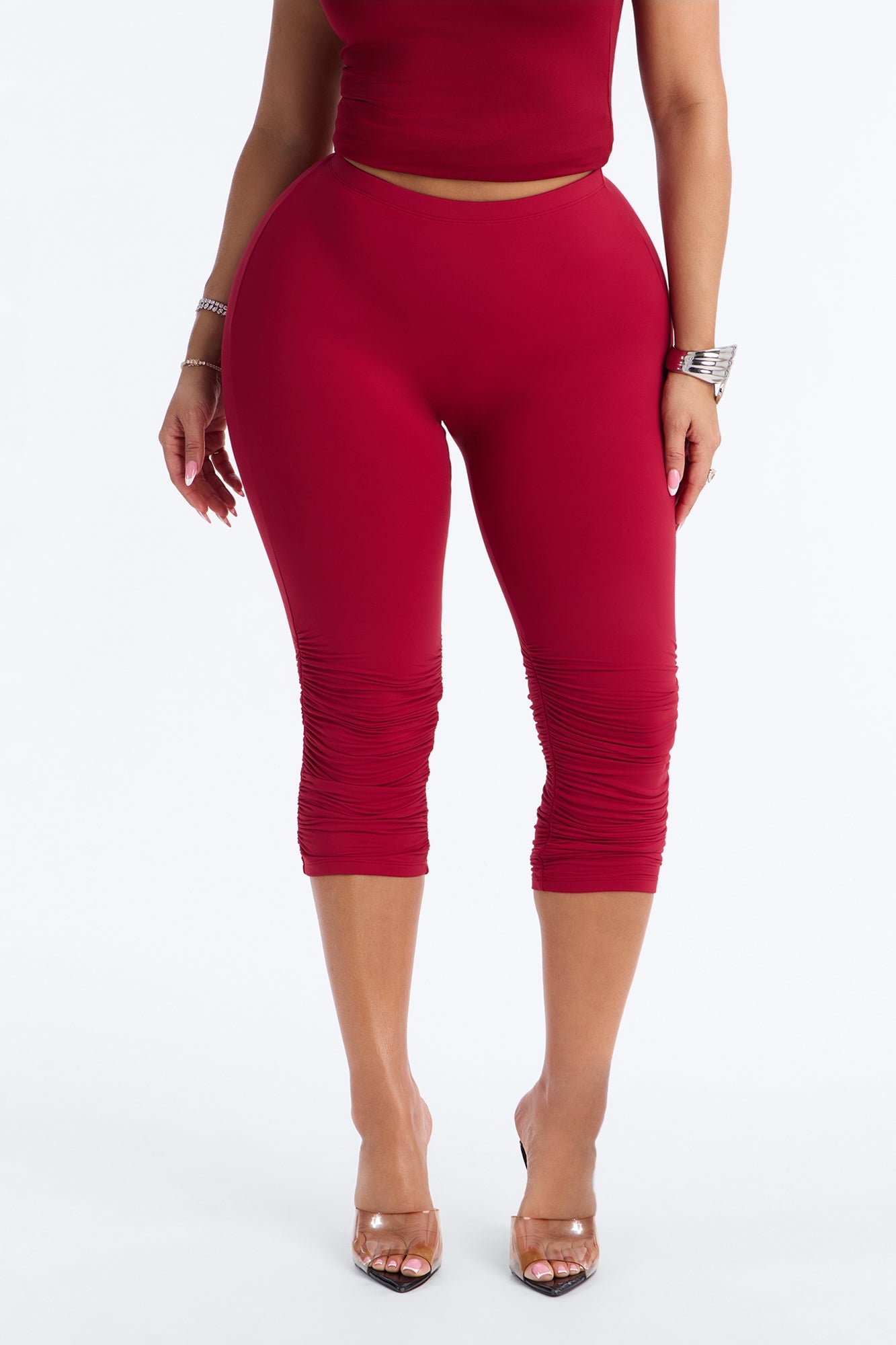 Second Skin Double Lined Ruched Low Rise Capri Legging - DarkRed image 6