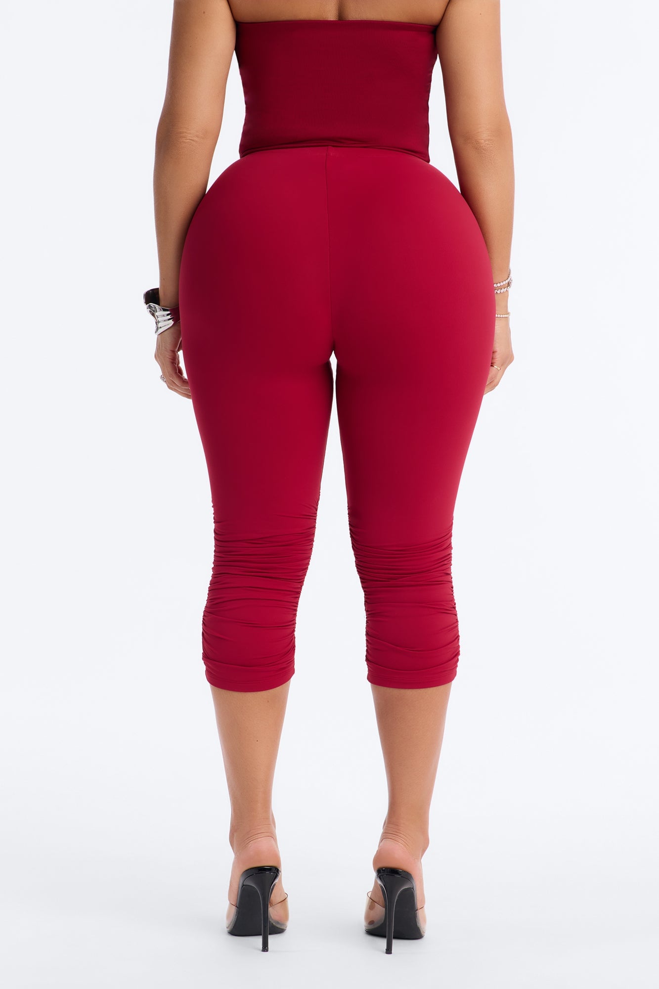 Second Skin Double Lined Ruched Low Rise Capri Legging - DarkRed image 8