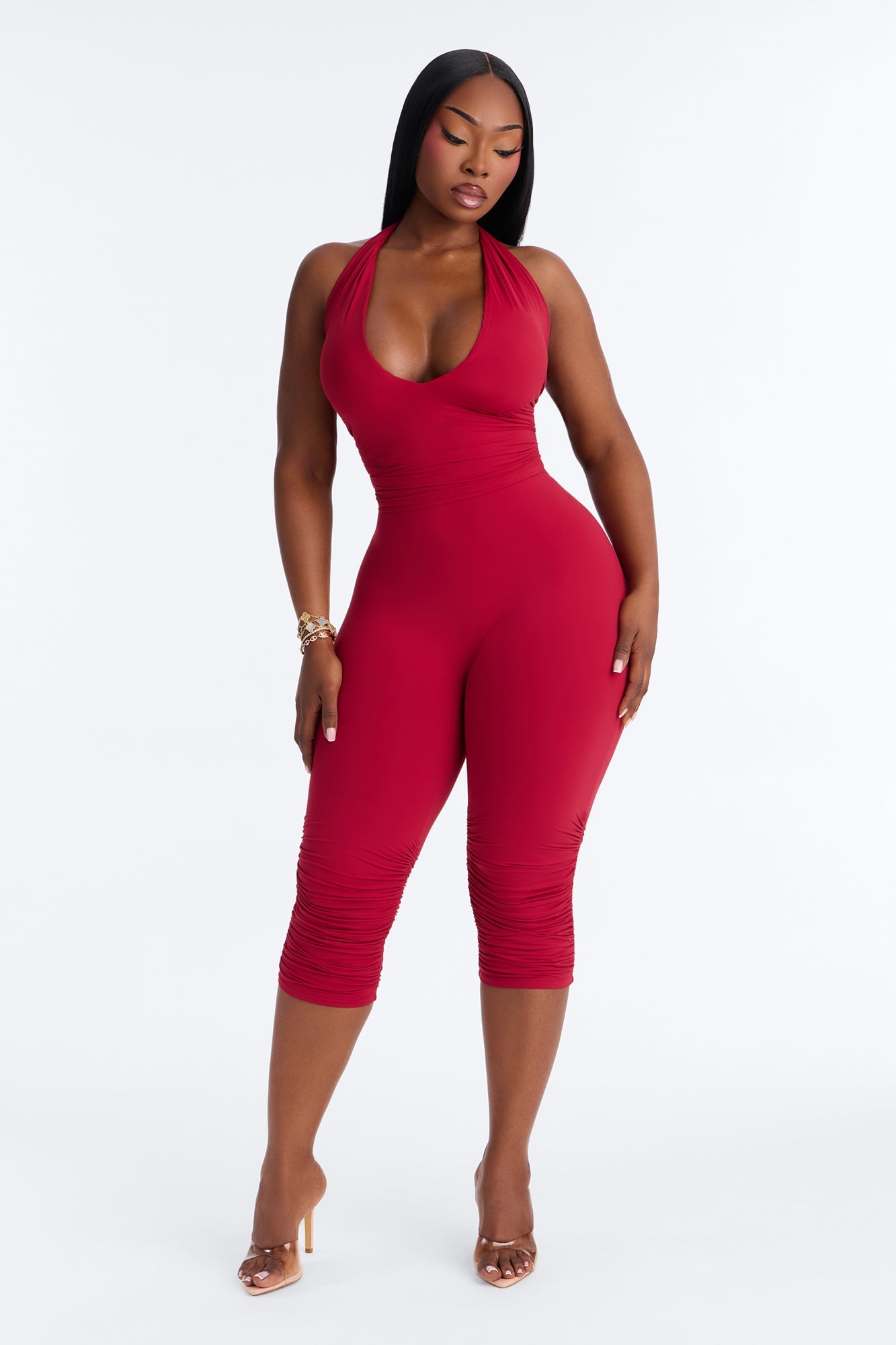 Second Skin Double Lined Ruched Low Rise Capri Legging - DarkRed image 1
