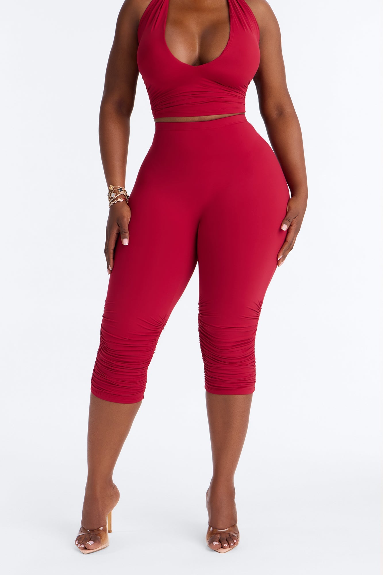 Second Skin Double Lined Ruched Low Rise Capri Legging - DarkRed image 2