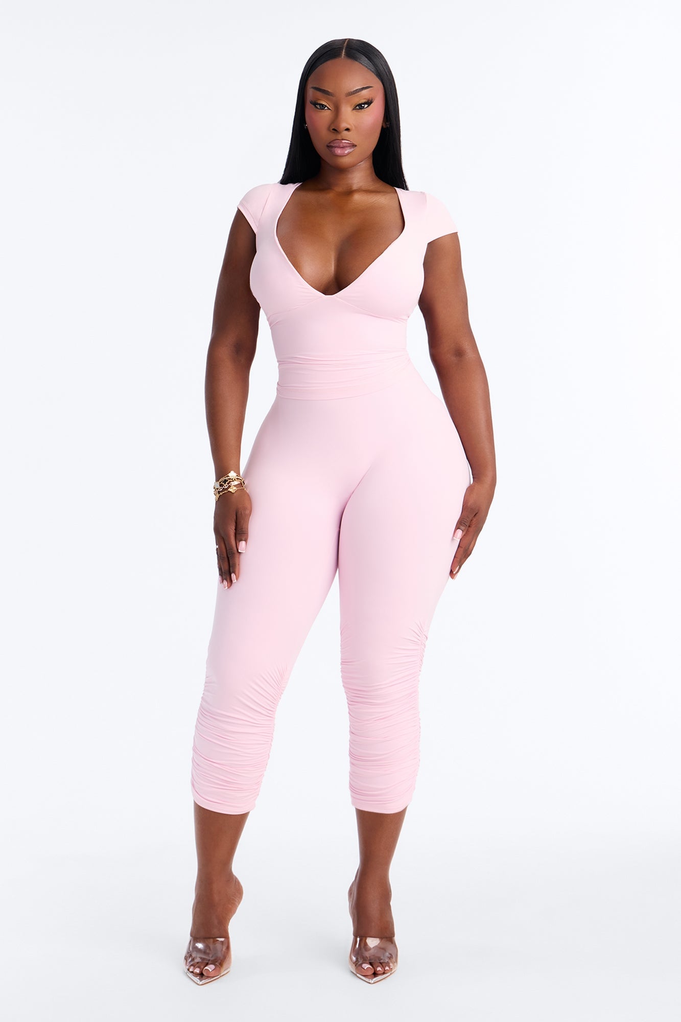 Second Skin Double Lined Ruched Low Rise Capri Legging - Light Pink image 1