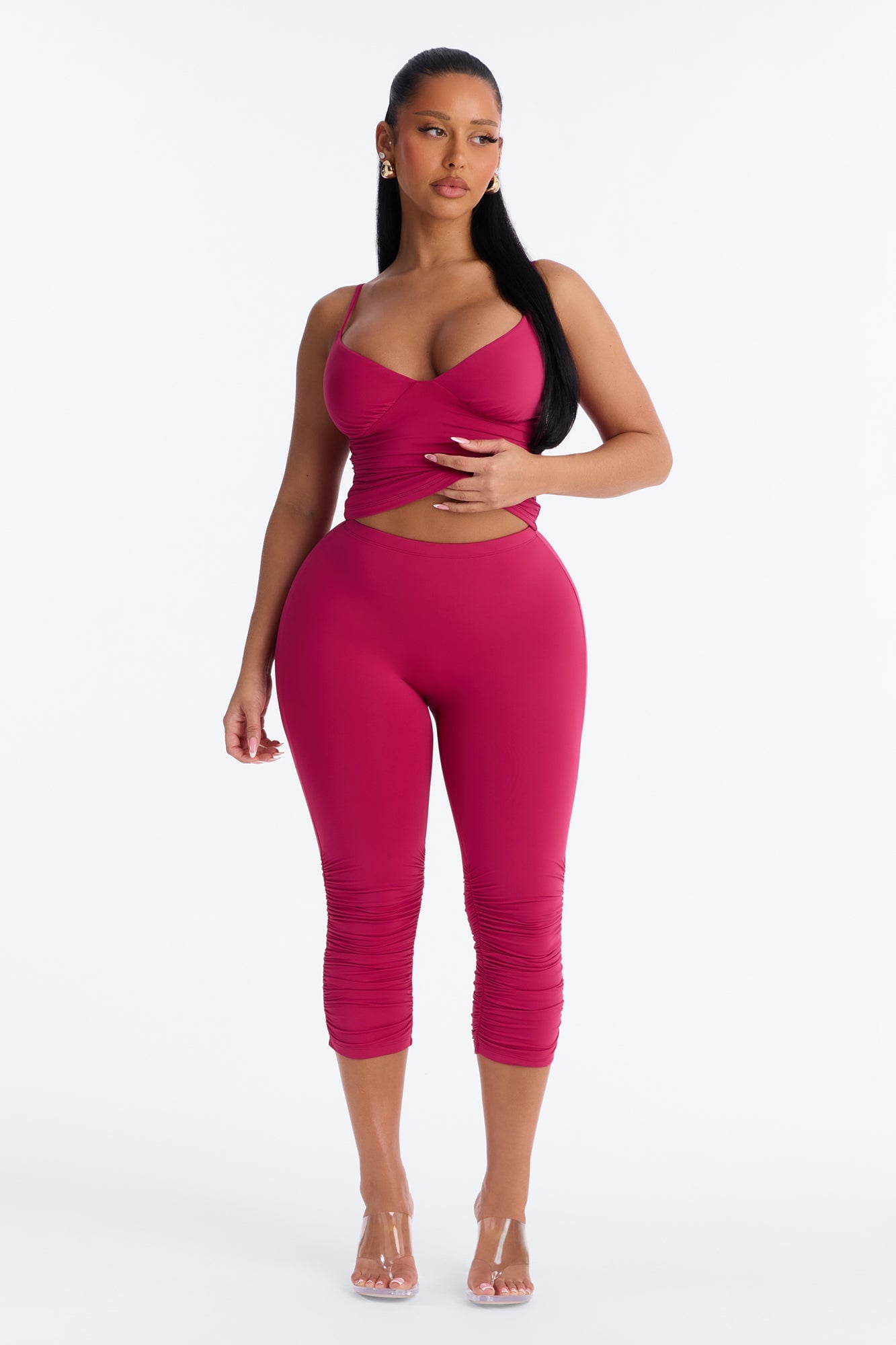 Second Skin Double Lined Ruched Low Rise Capri Legging - Raspberry image 6