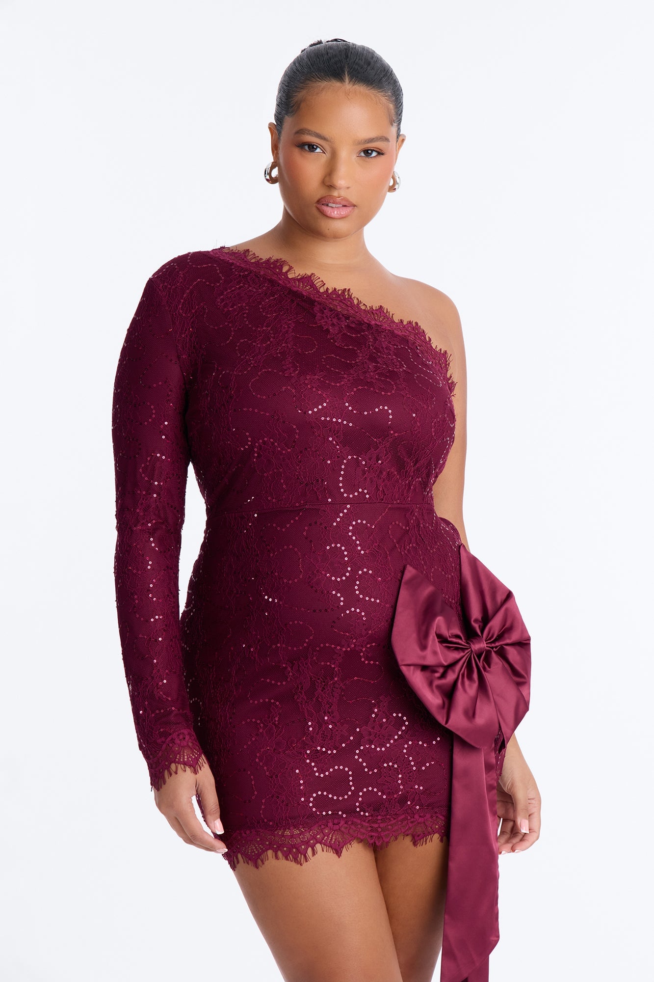 Miranda Sequin Lace Bow Mini Dress - Wine image 2