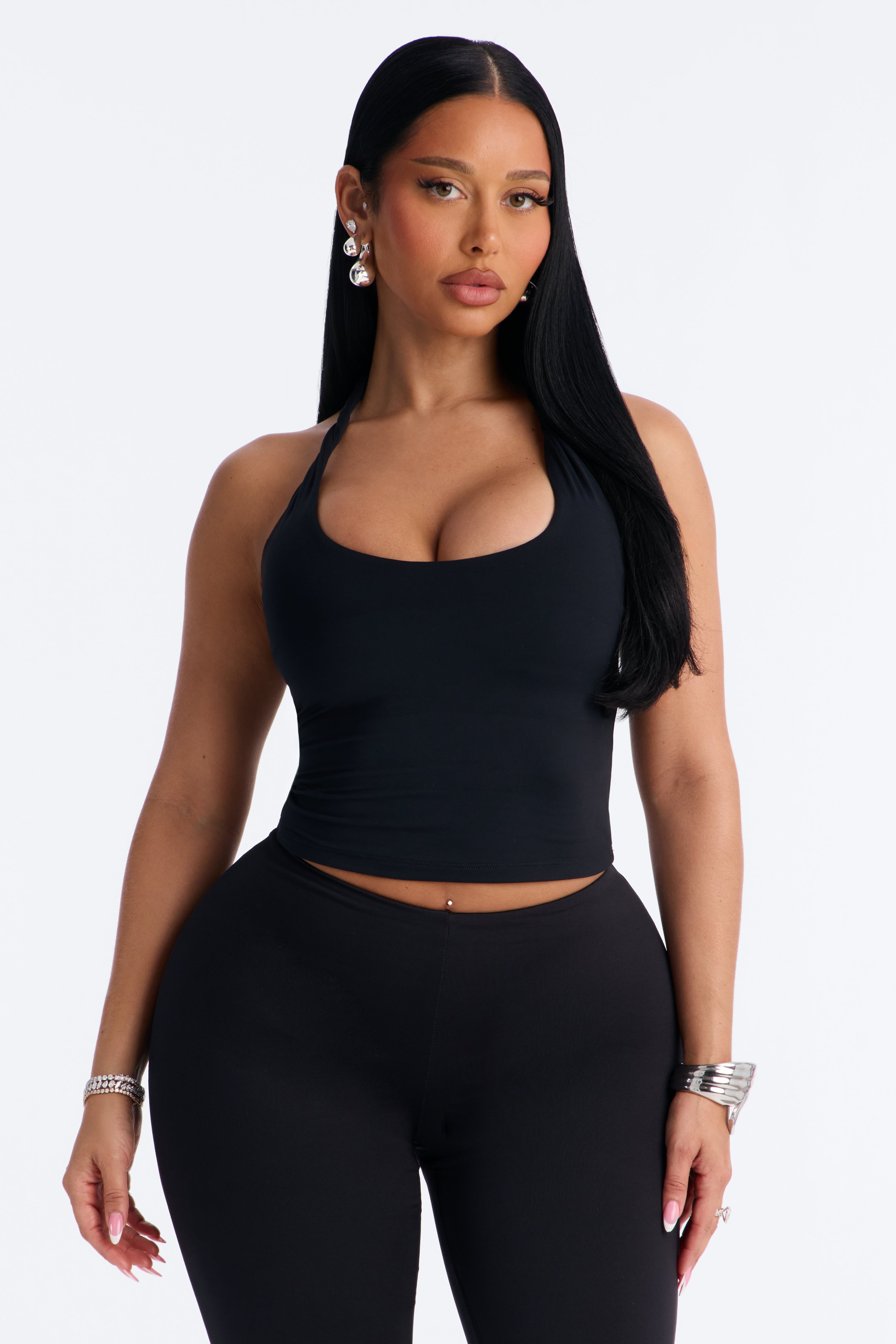 Second Skin Double Lined Twist U Neck Halter Top - Black image 5