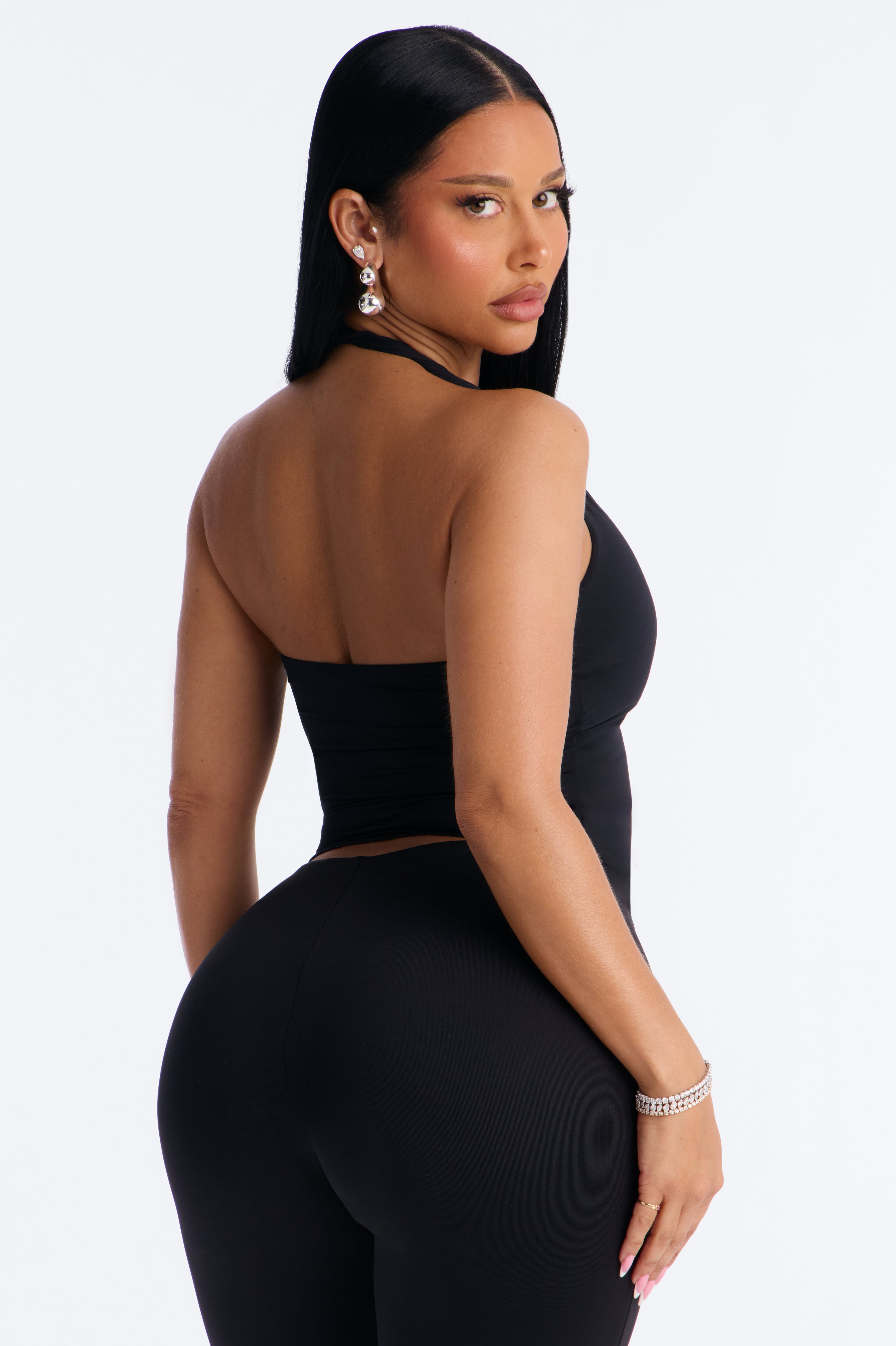 Second Skin Double Lined Twist U Neck Halter Top - Black image 8
