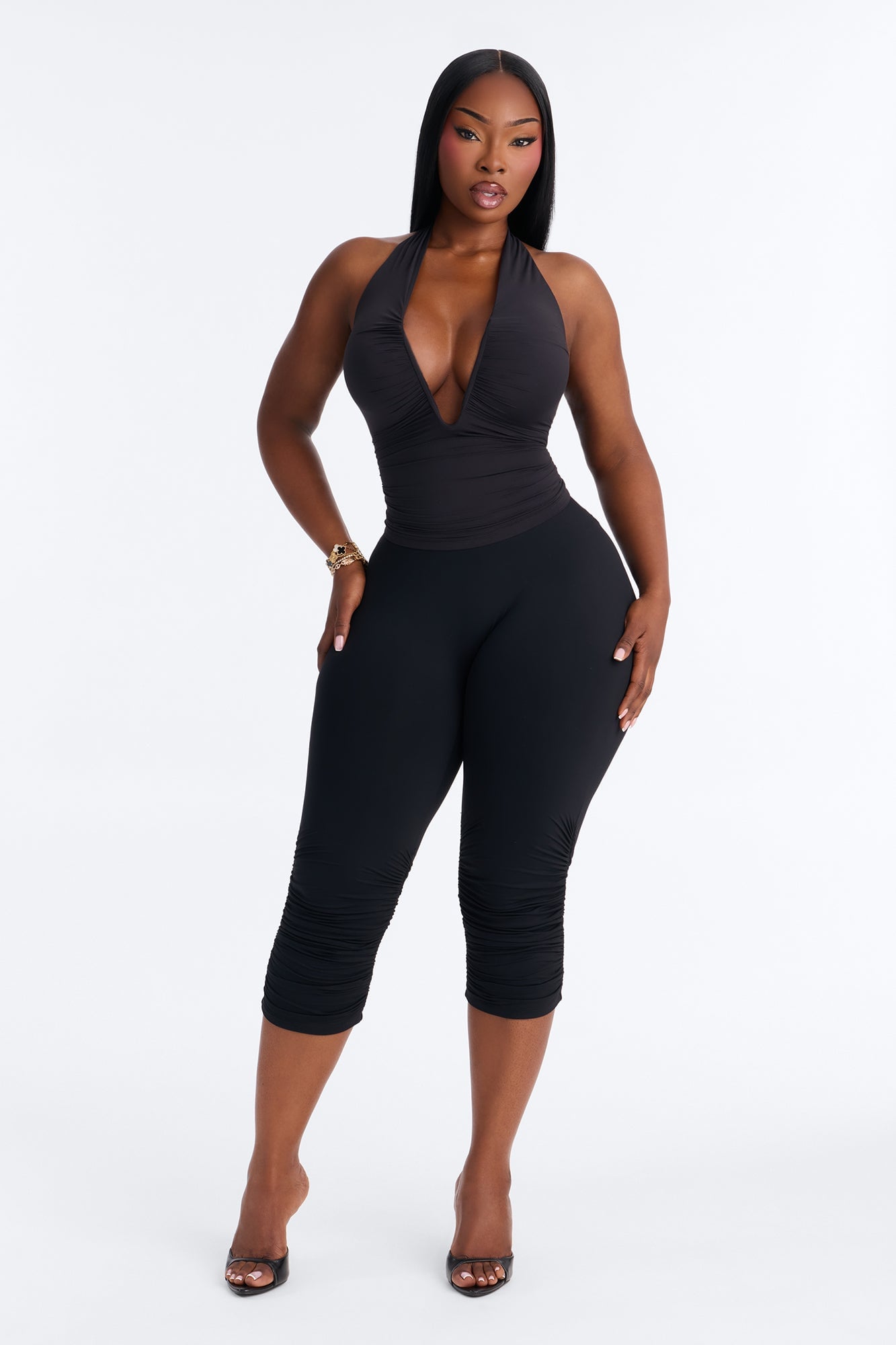 Second Skin Double Lined Ruched V Wire Halter Top - Black image 2