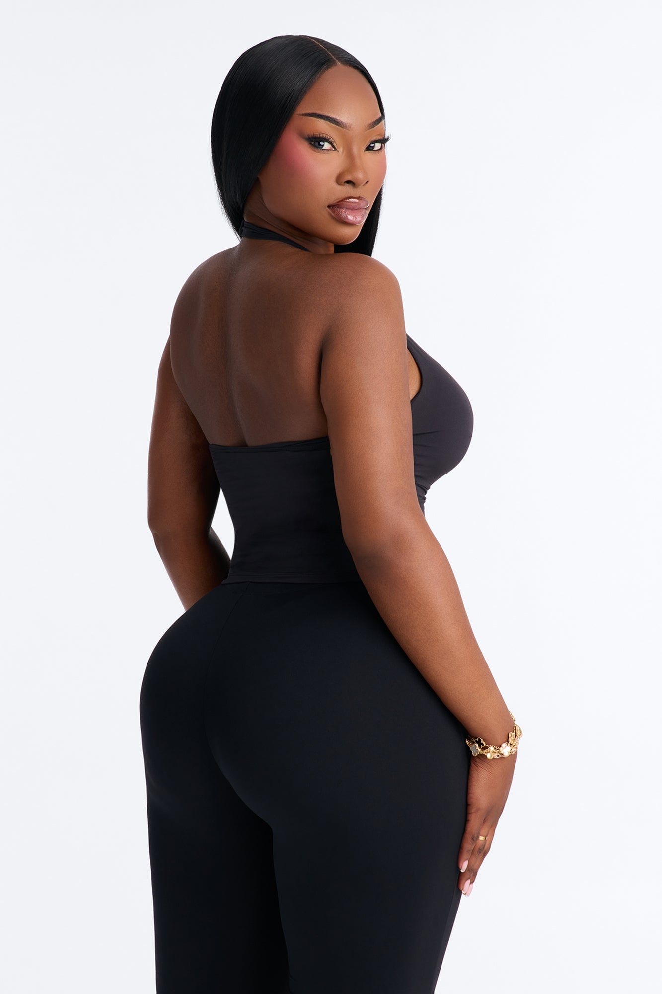 Second Skin Double Lined Ruched V Wire Halter Top - Black image 3