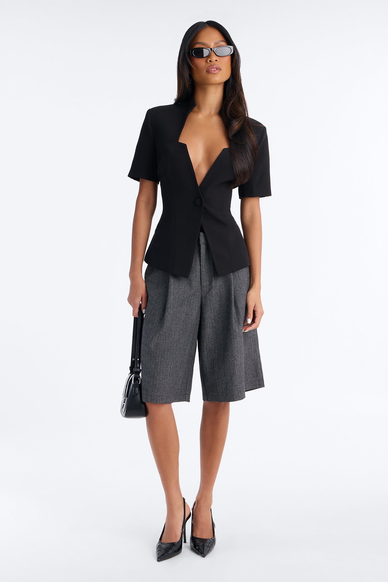 Gemini Dreams Stand Collar Short Sleeve Blazer - Black image 6