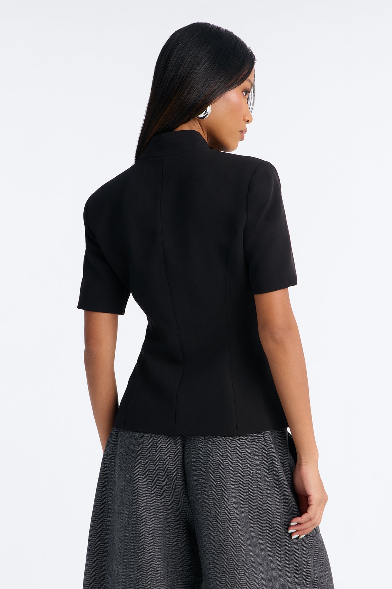 Gemini Dreams Stand Collar Short Sleeve Blazer - Black image 8