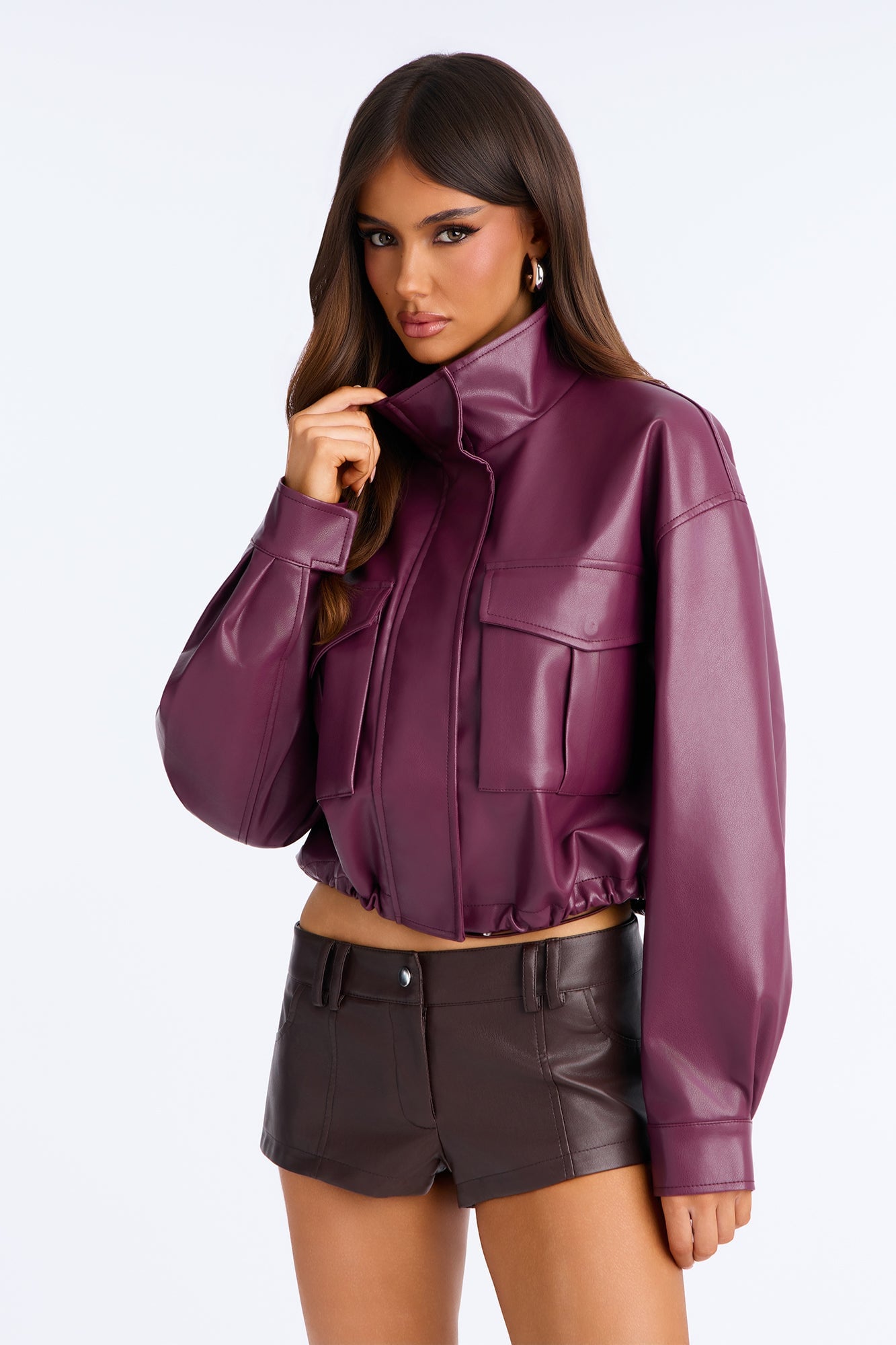 No Hard Feelings Faux Leather Cropped Bomber Jacket - Burgundy image 5