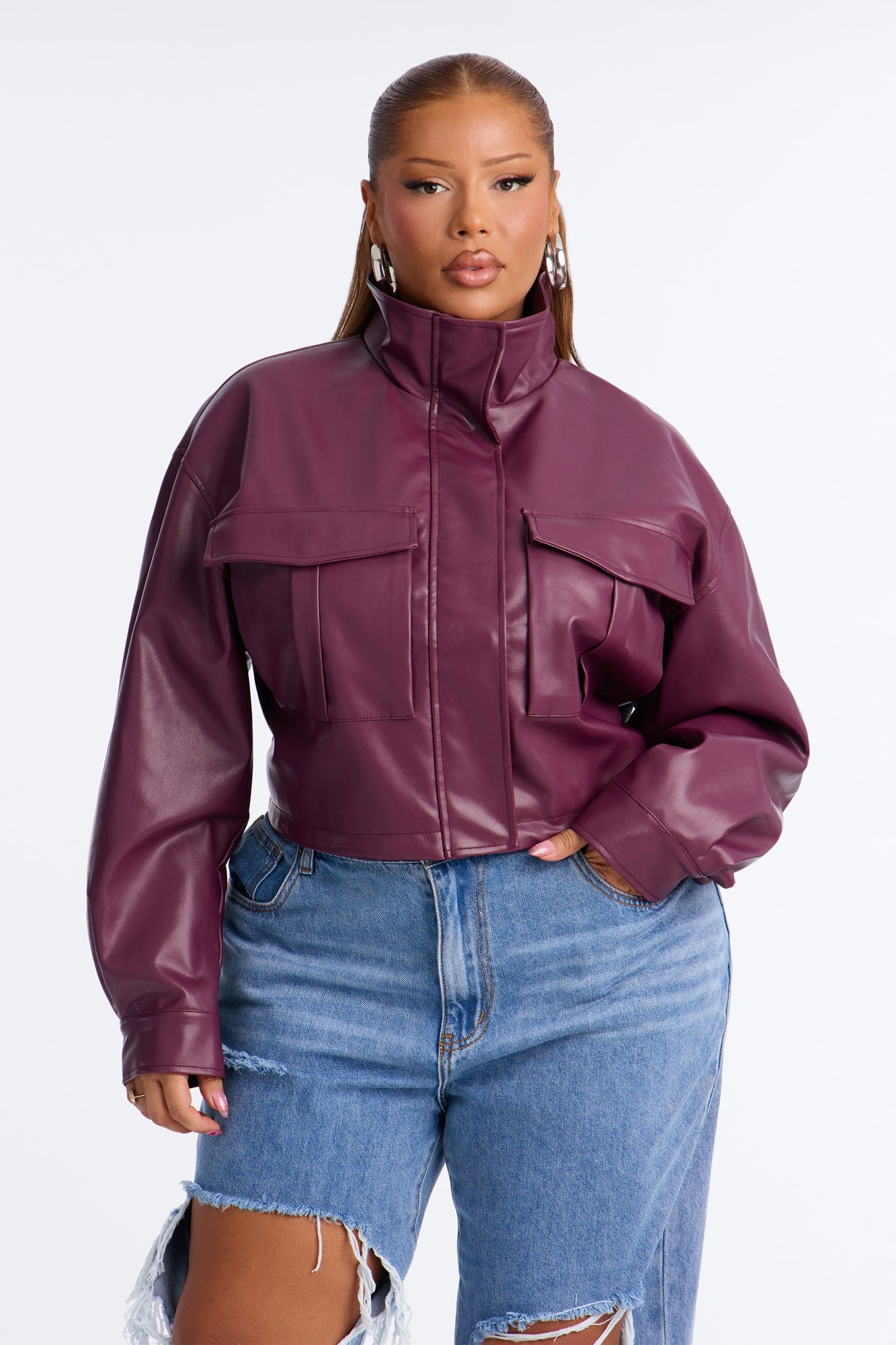 No Hard Feelings Faux Leather Cropped Bomber Jacket - Burgundy image 1