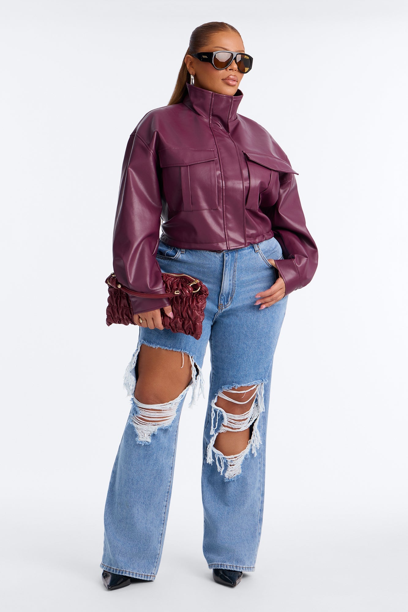No Hard Feelings Faux Leather Cropped Bomber Jacket - Burgundy image 2