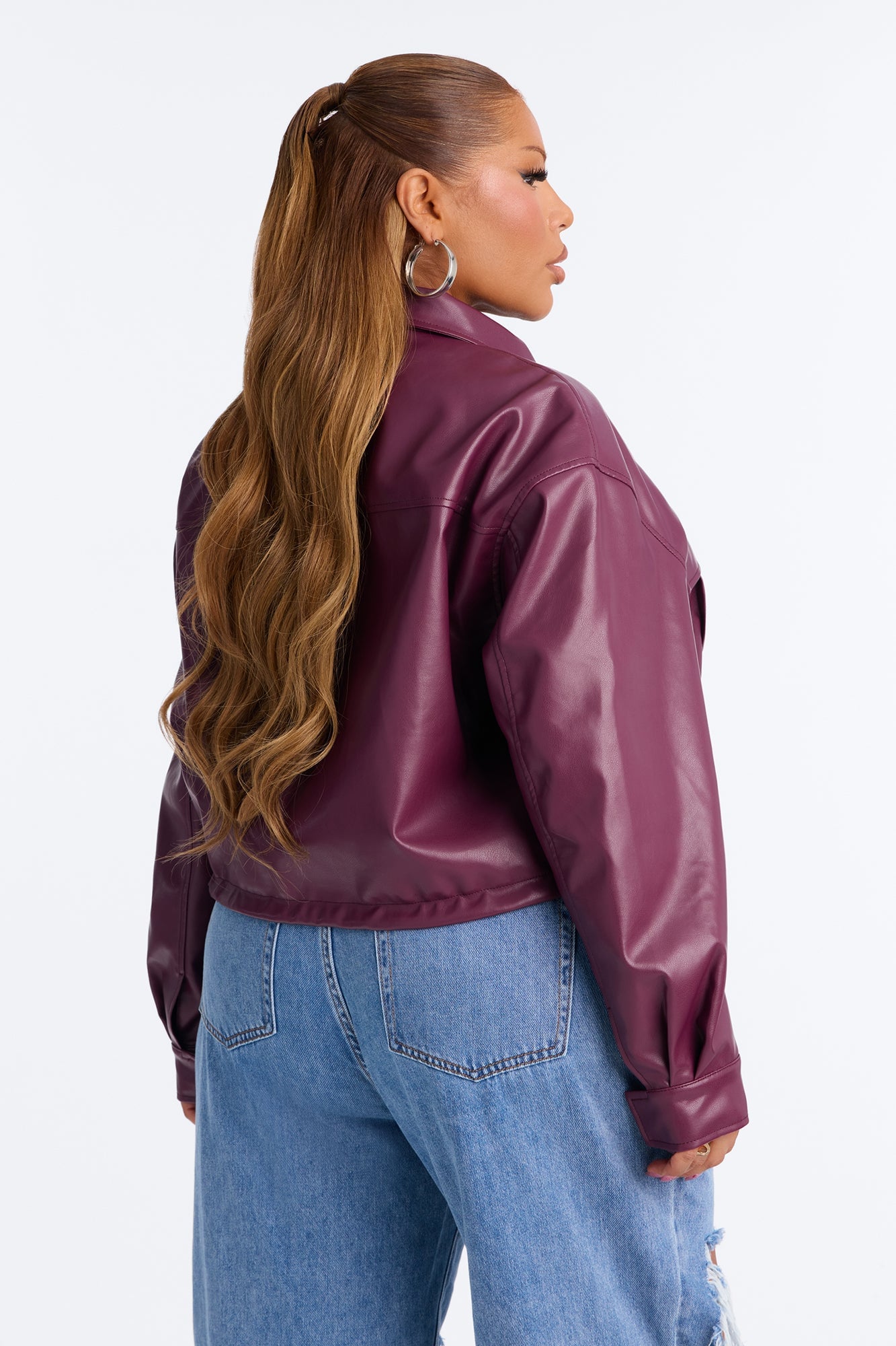 No Hard Feelings Faux Leather Cropped Bomber Jacket - Burgundy image 3