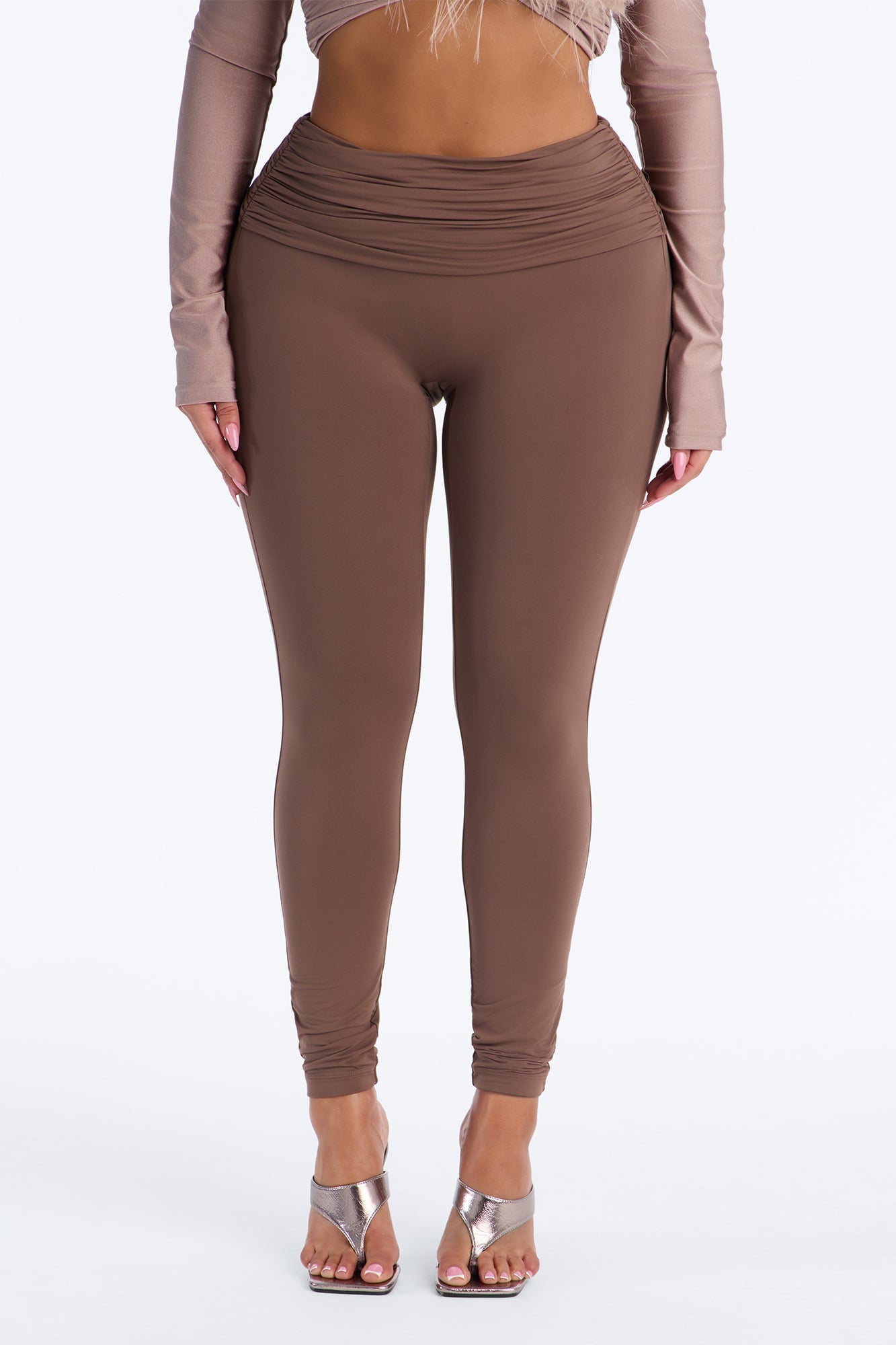 Second Skin Double Lined Ruched Foldover Leggings - Brown image 6