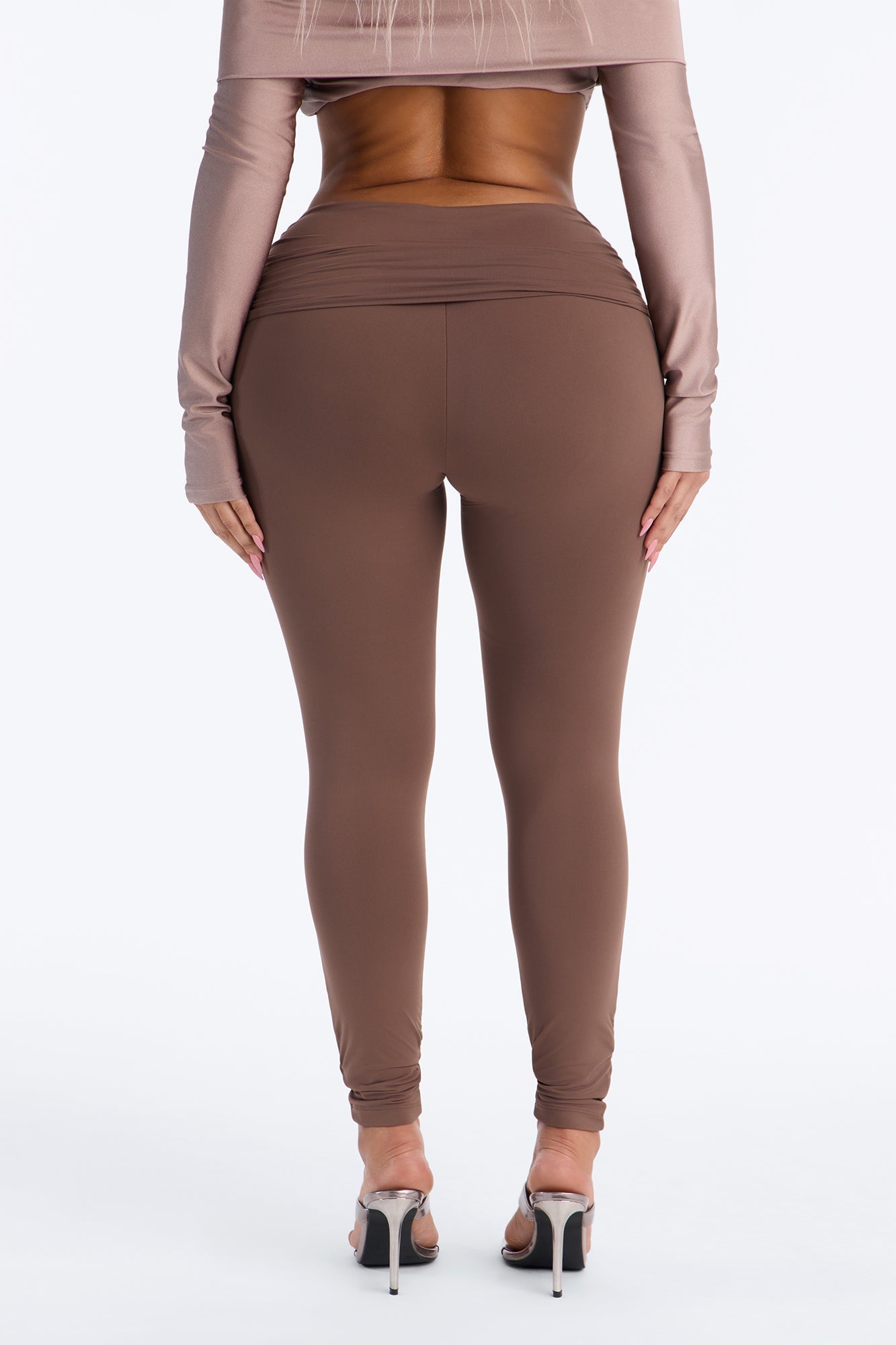 Second Skin Double Lined Ruched Foldover Leggings - Brown image 7