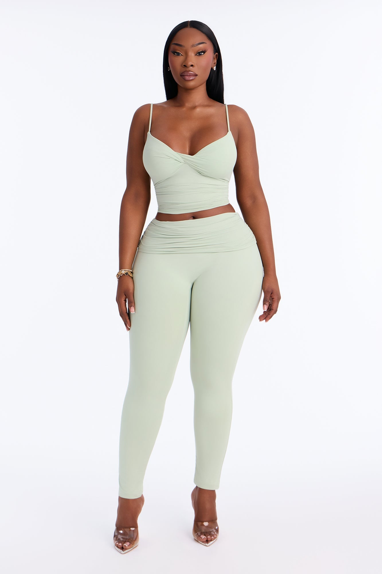 Second Skin Double Lined Ruched Foldover Leggings - Mint