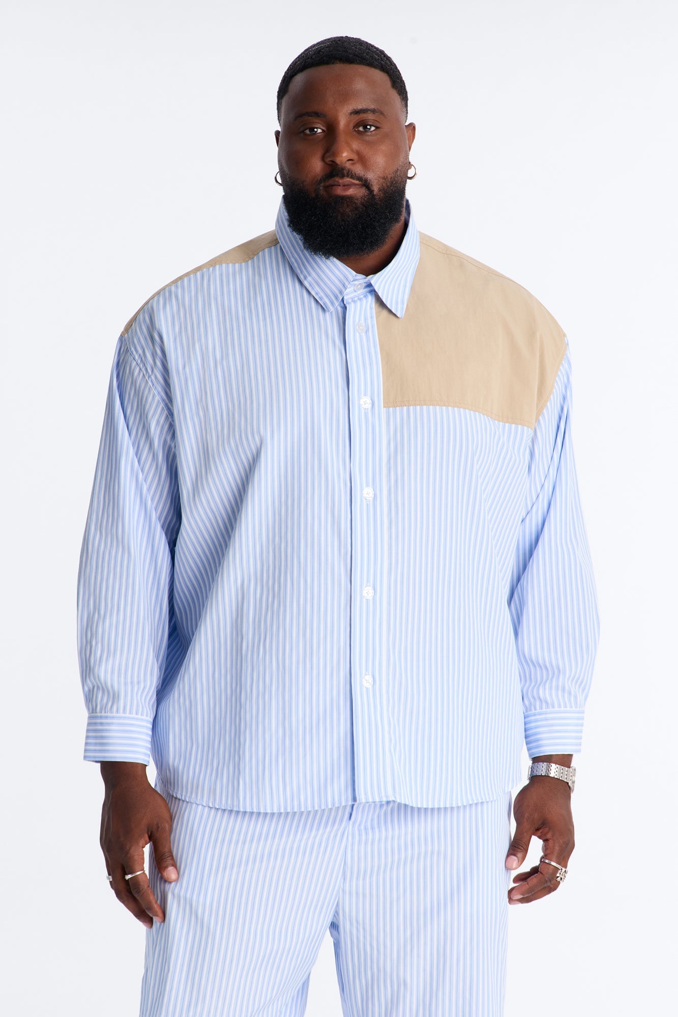 Dual Tone Classic Stripe Button Up Shirt - Blue/combo image 1