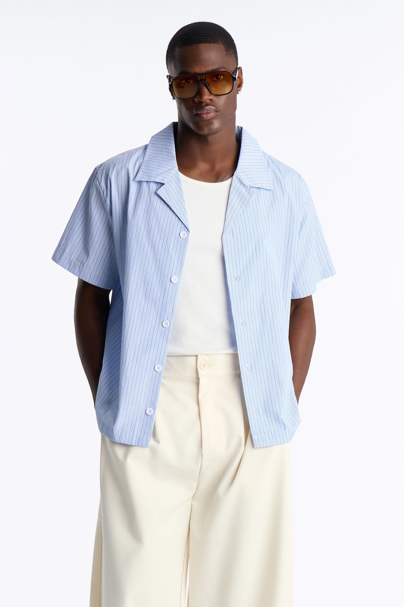 Nocturnal Stripe Cuban Collar Button Up Shirt - Blue/combo image 5