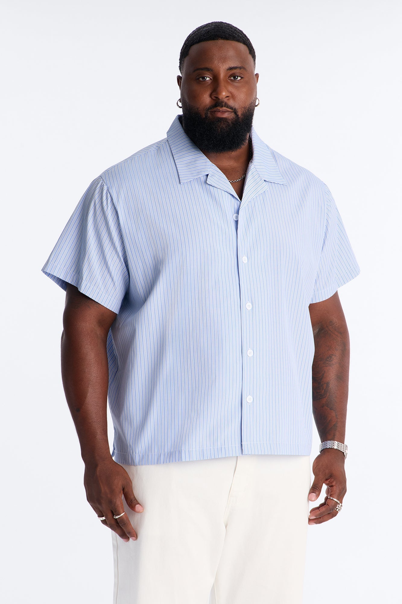 Nocturnal Stripe Cuban Collar Button Up Shirt - Blue/combo image 1